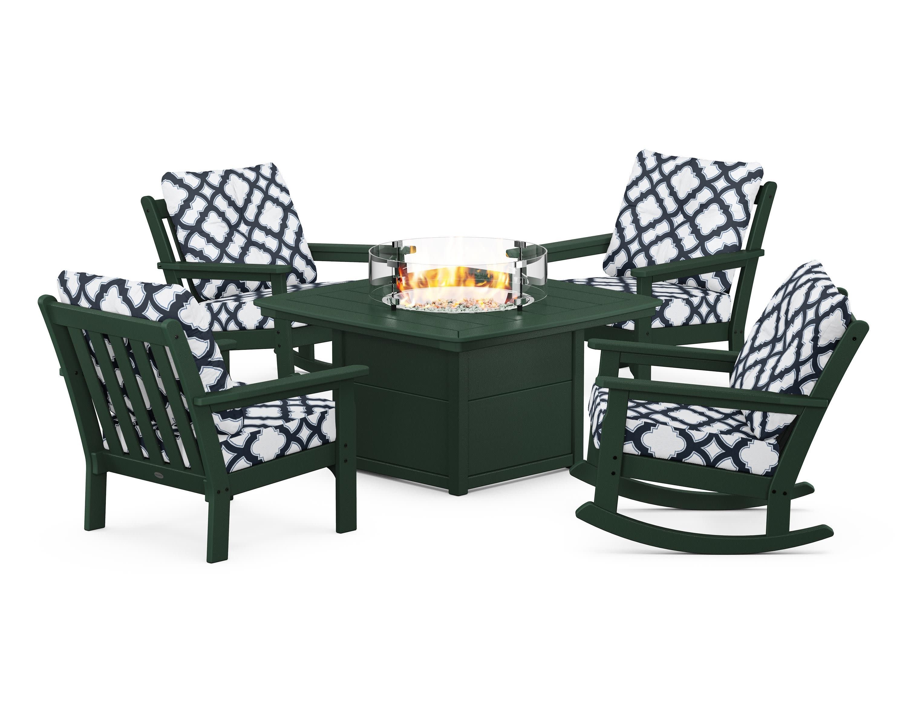 Vineyard 5-Piece Deep Seating Rocking Chair Conversation Set with Fire Pit Table in Green / Trellis Marine Indigo