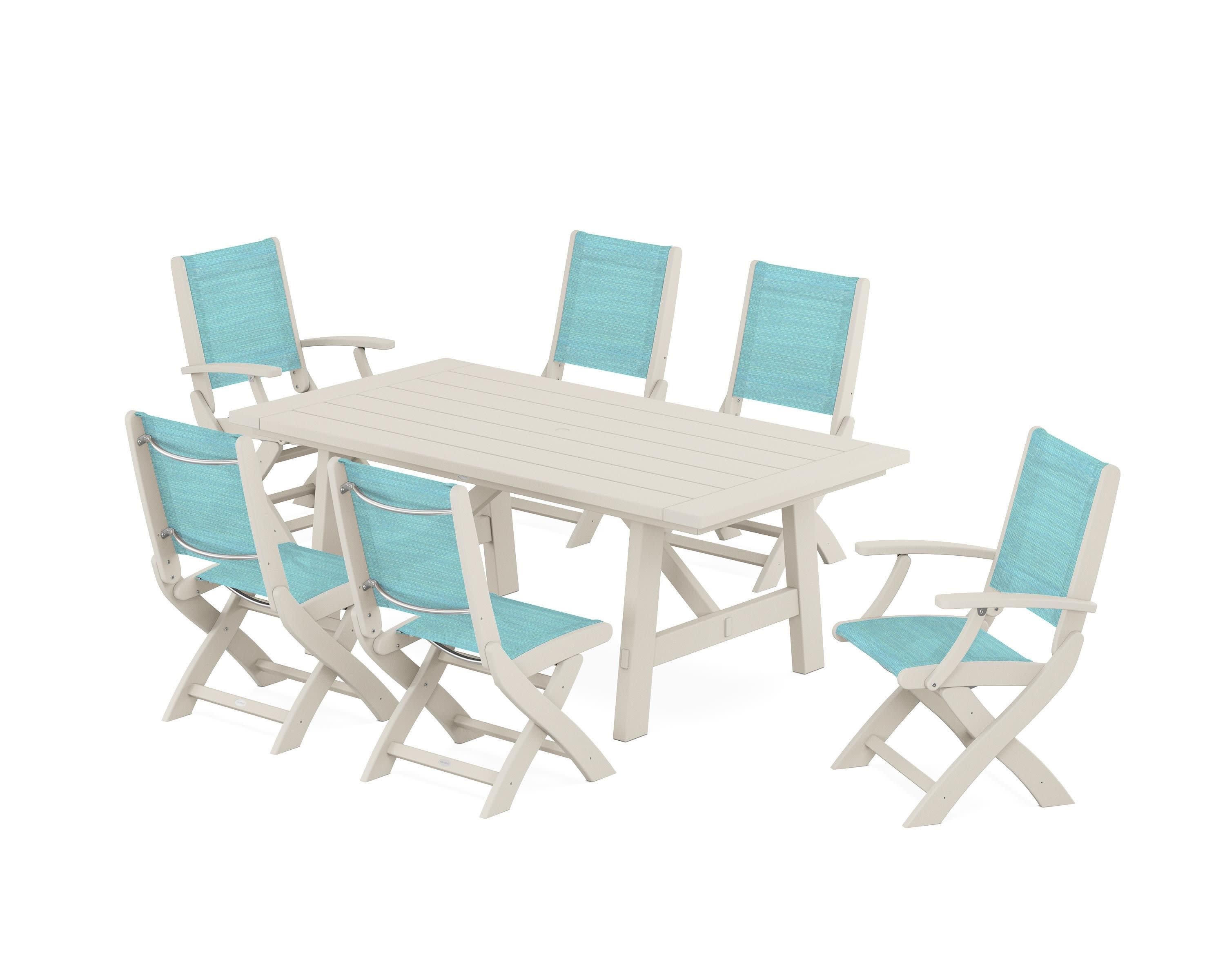 Coastal Folding Chair 7-Piece Rustic Farmhouse Dining Set in Sand / Dupioni Aquamarine Sling