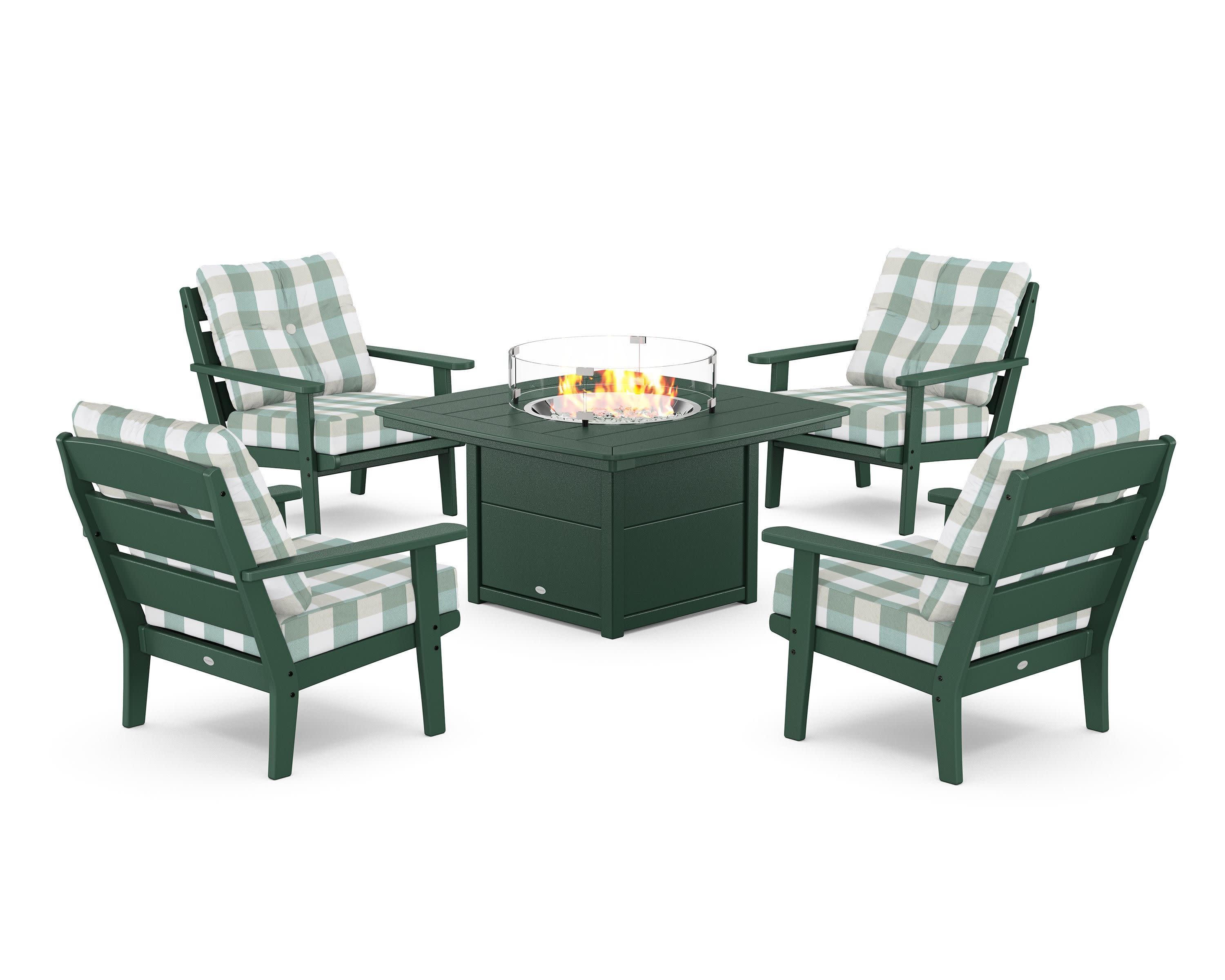 Lakeside 5-Piece Deep Seating Set with Nautical Fire Pit Table in Green / Buffalo Plaid Glacier Spa