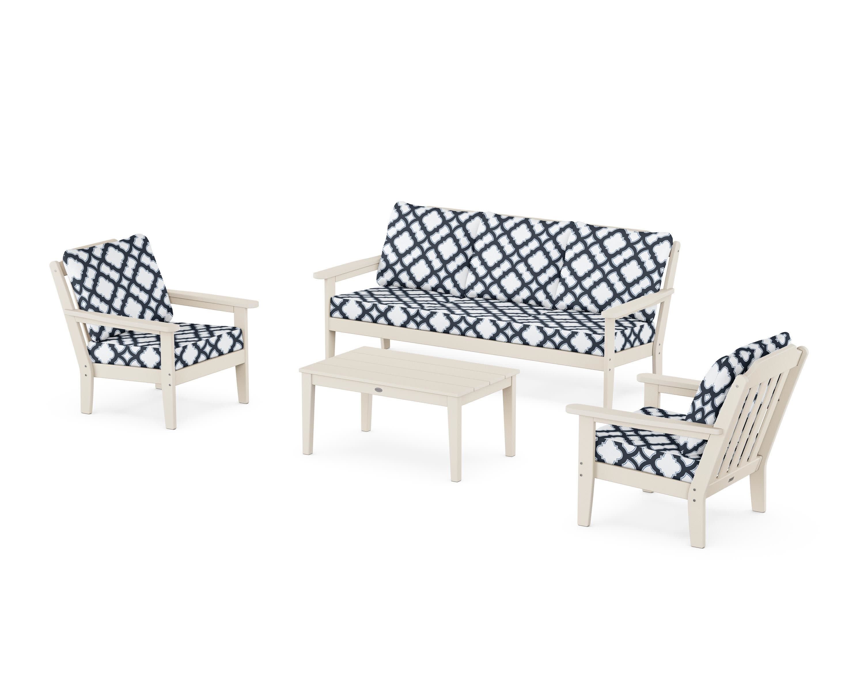 Cottage 4-Piece Deep Seating Set with Sofa in Sand / Trellis Marine Indigo