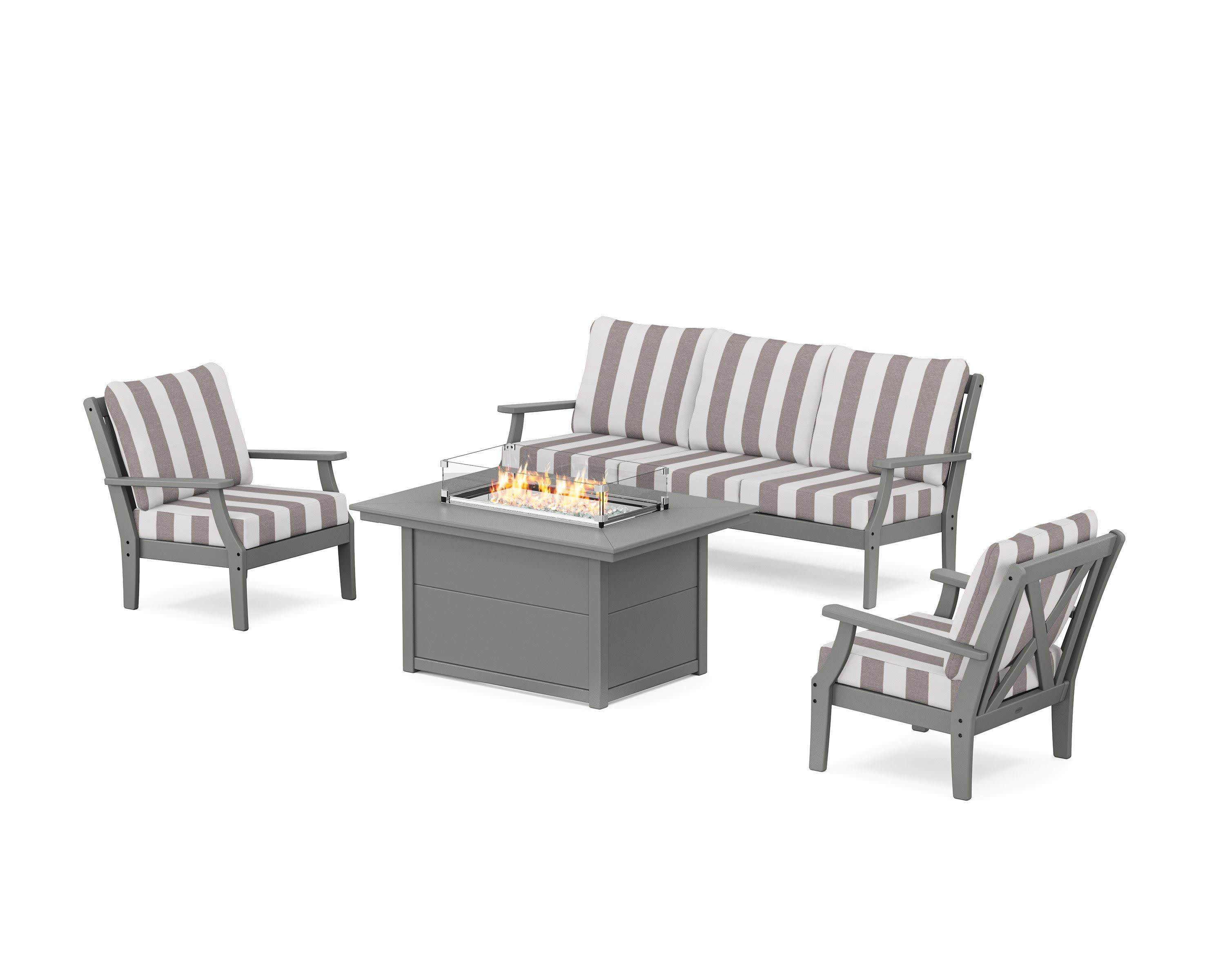 Braxton Deep Seating Fire Pit Table Set in Slate Grey / Cabana Stripe Grey Mist