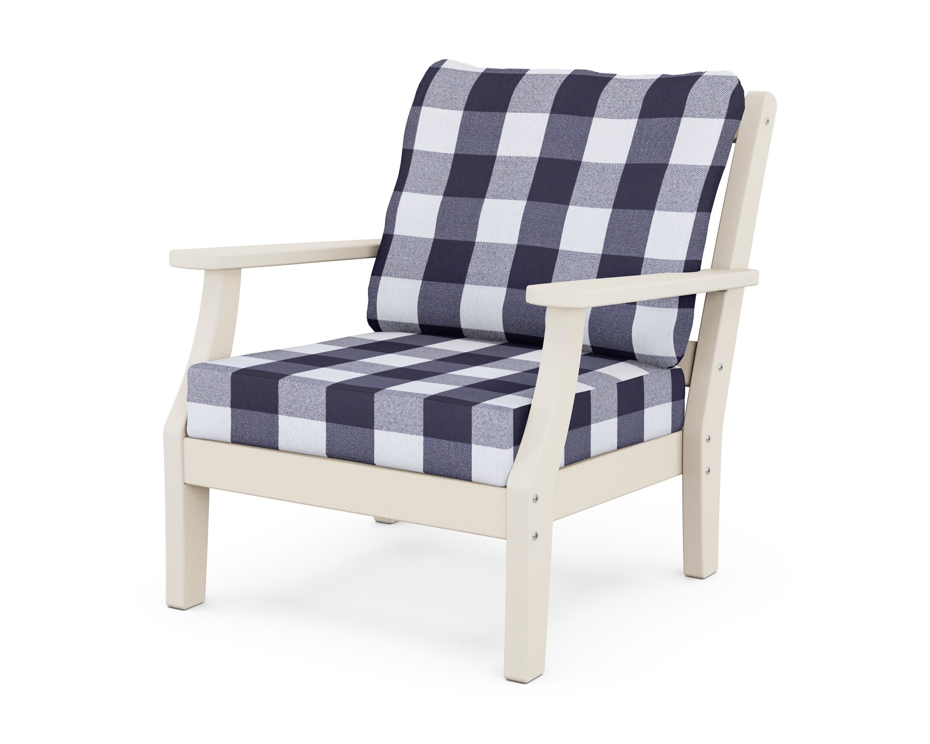 Chinoiserie Deep Seating Chair in Sand / Buffalo Plaid Navy