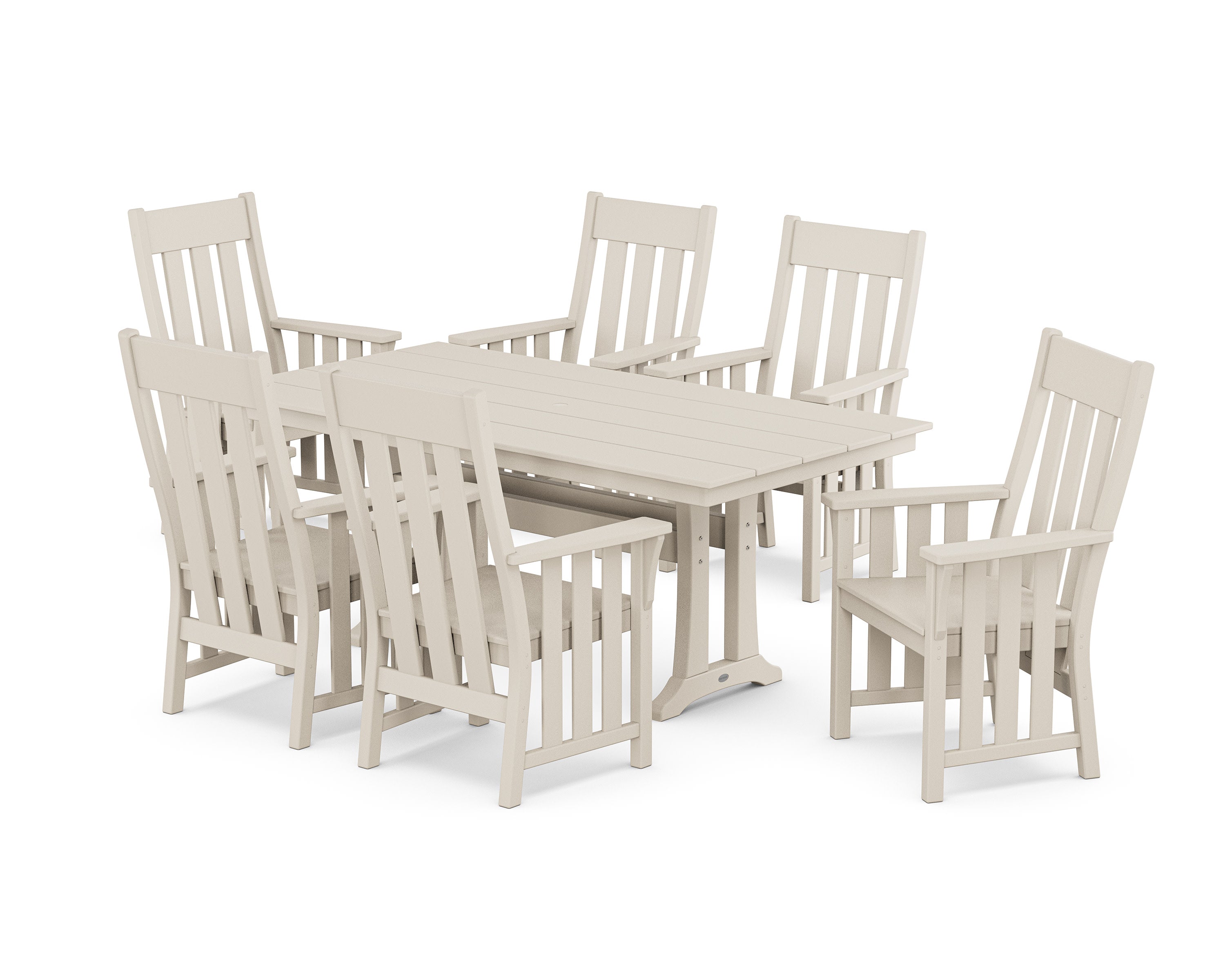 Acadia Arm Chair 7-Piece Farmhouse Dining Set with Trestle Legs in Sand