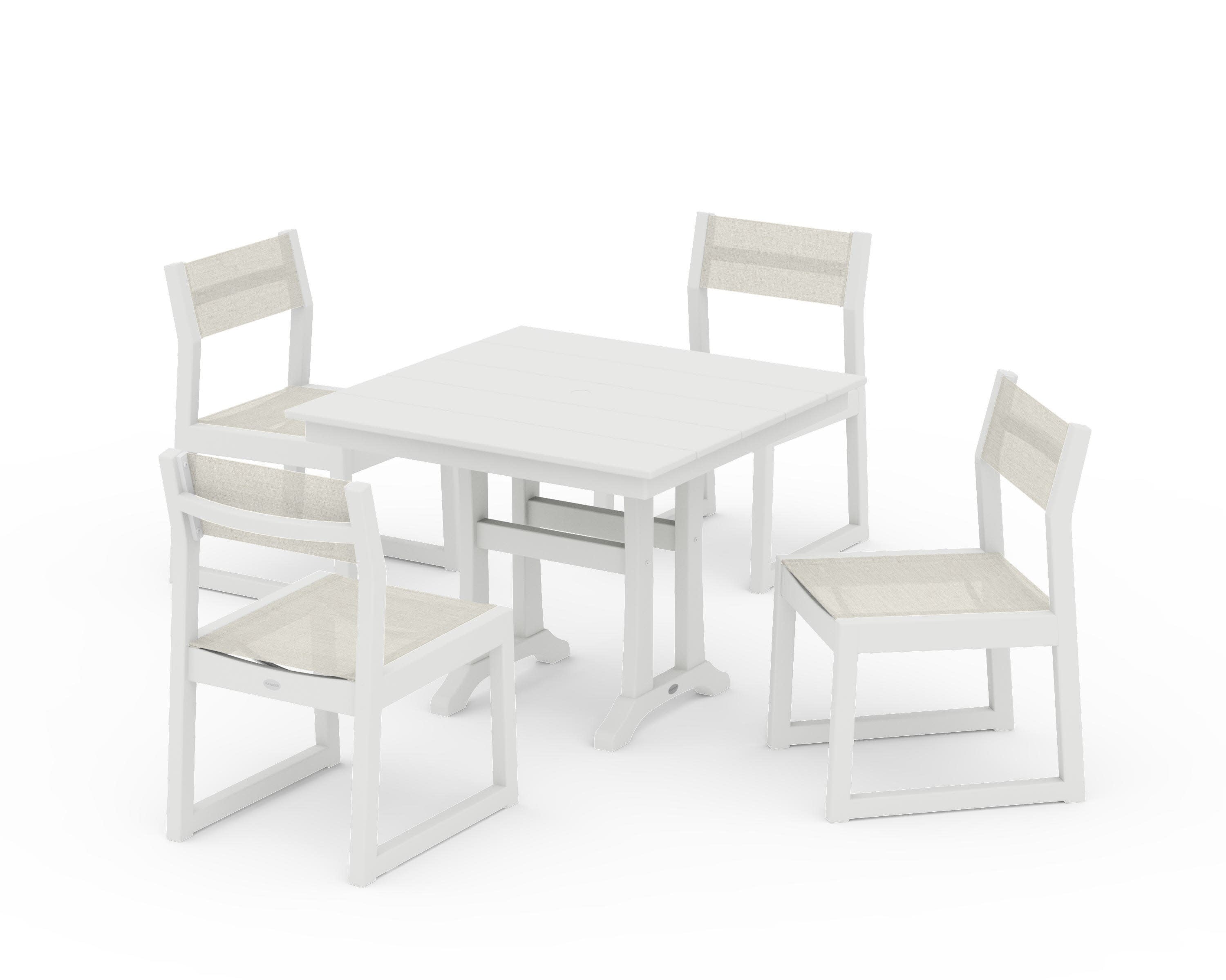 EDGE Sling 5-Piece Farmhouse Trestle Side Chair Dining Set in Vintage White / Parchment Sling