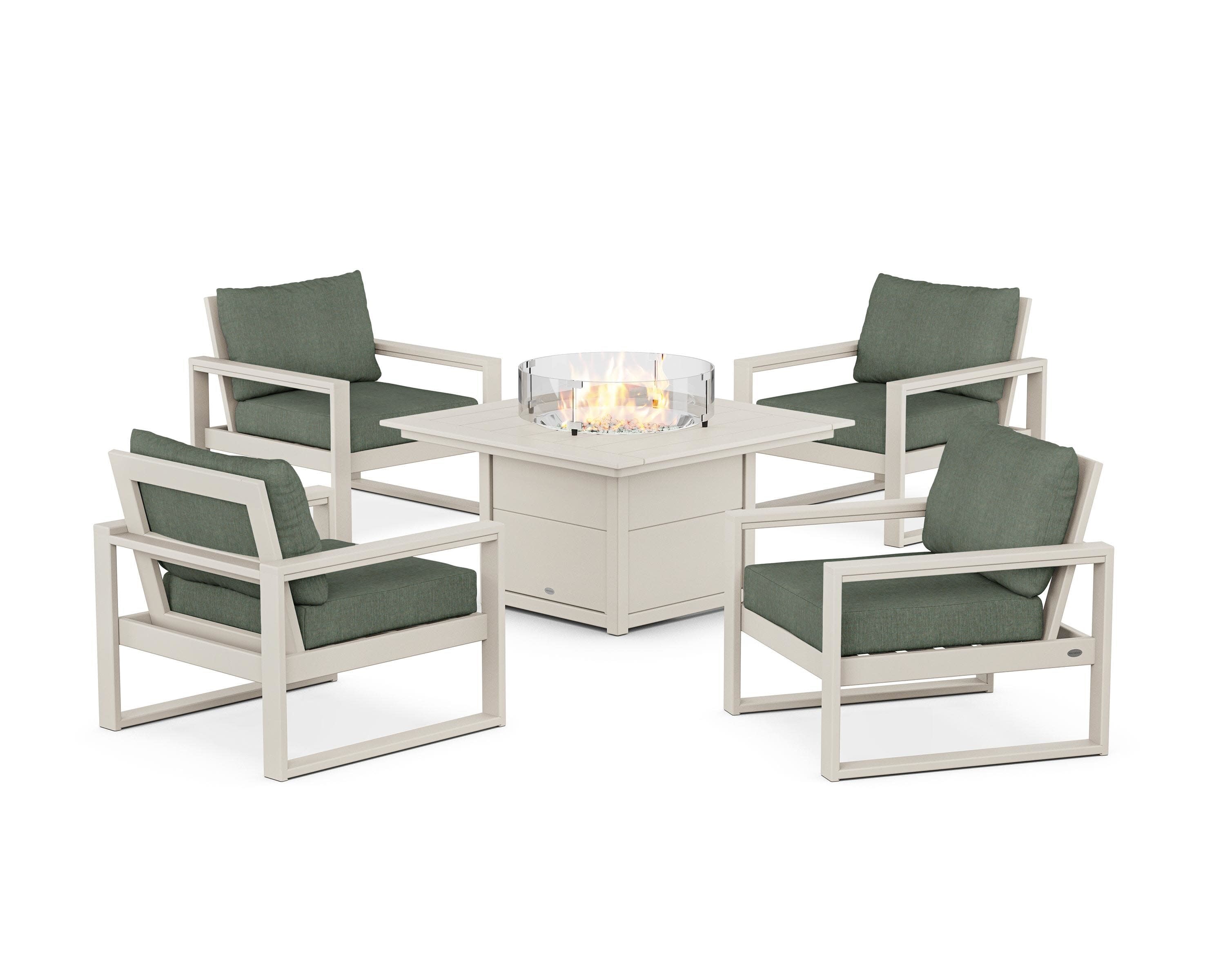 EDGE Sectional 5-Piece Deep Seating Set with Fire Pit Table in Sand / Cast Sage