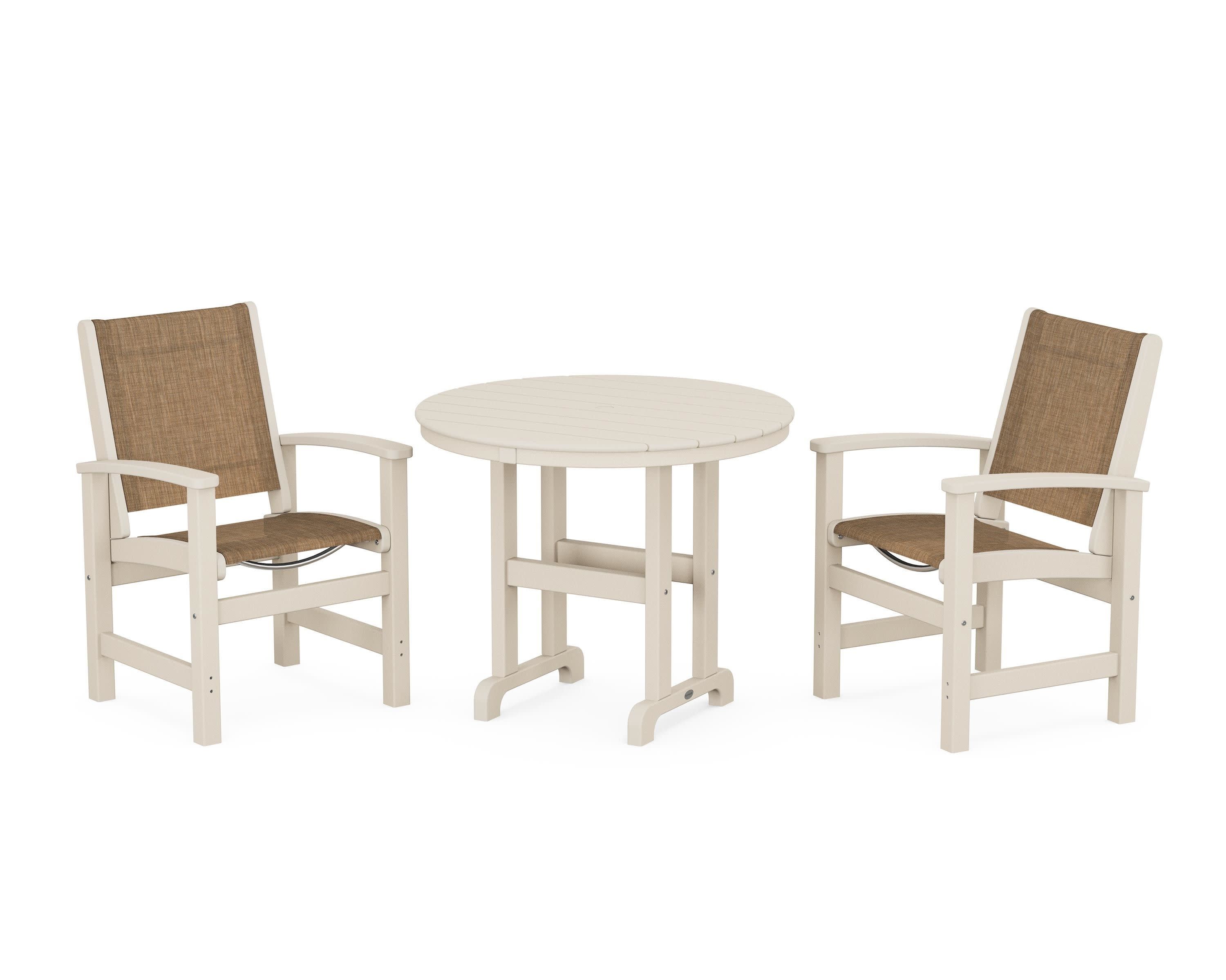 Coastal 3-Piece Round Dining Set in Sand / Burlap Sling