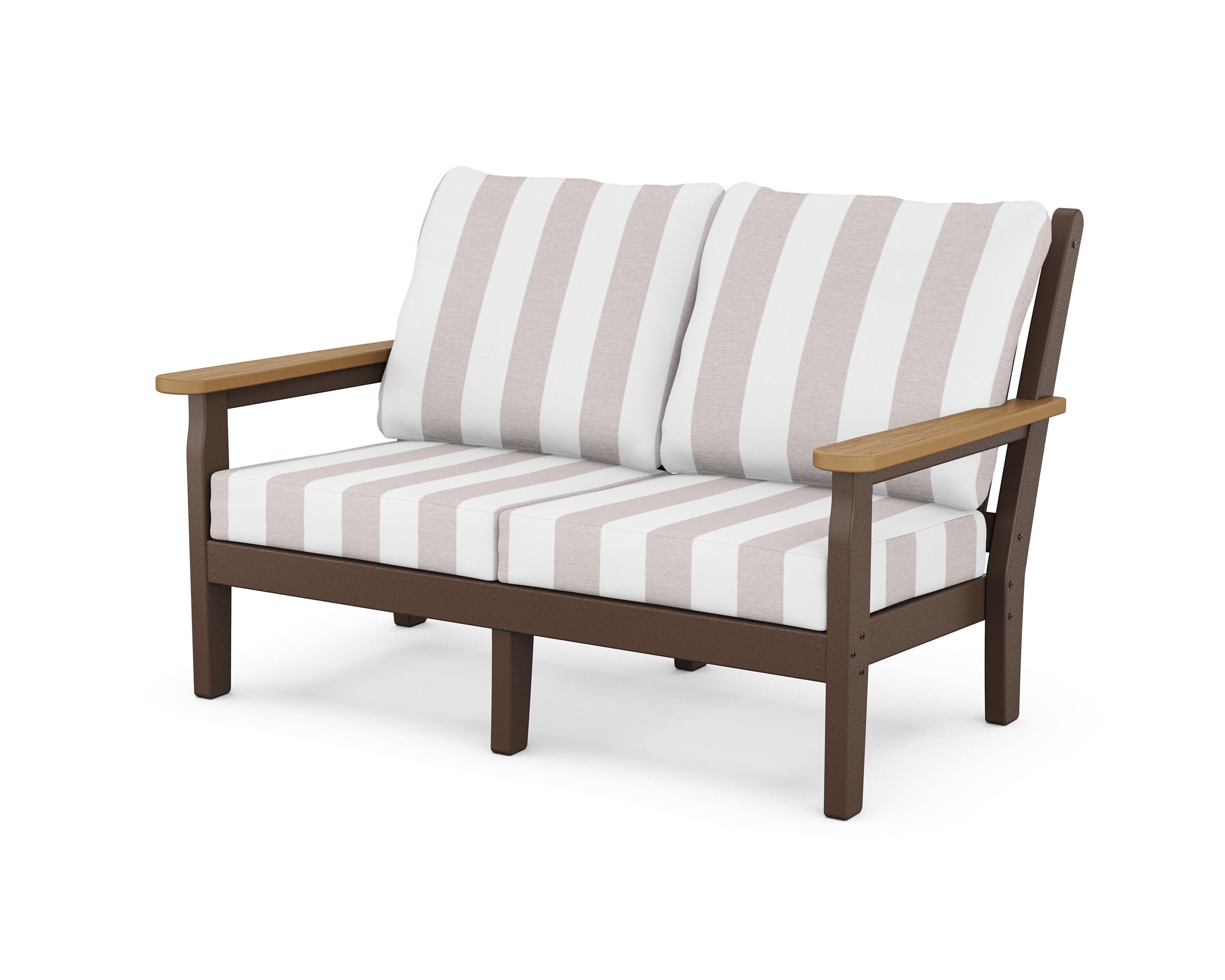 Chippendale Deep Seating Loveseat in Mahogany / Natural / Cabana Stripe Dune Burlap
