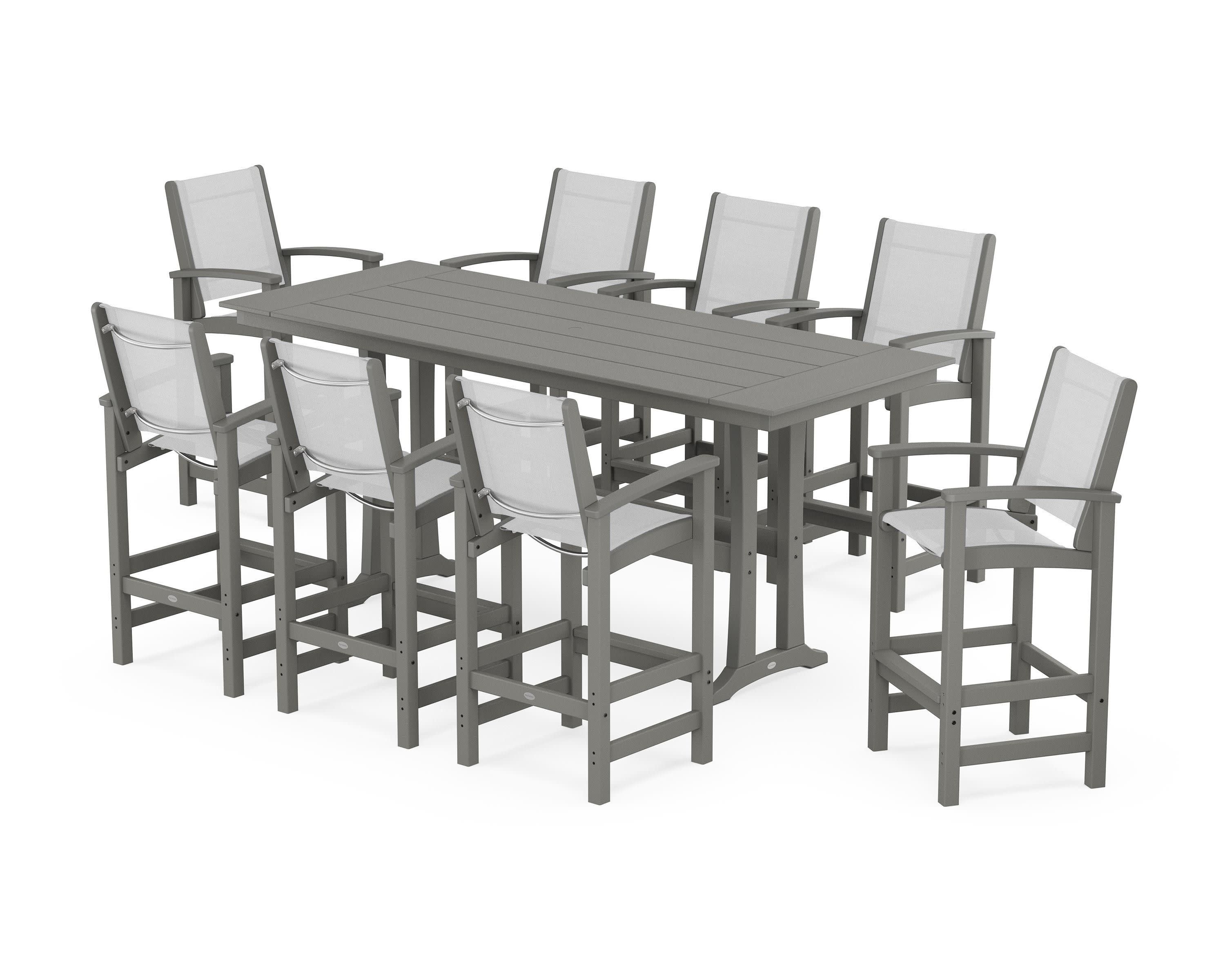 Coastal 9-Piece Farmhouse Bar Set with Trestle Legs in Slate Grey / White Sling