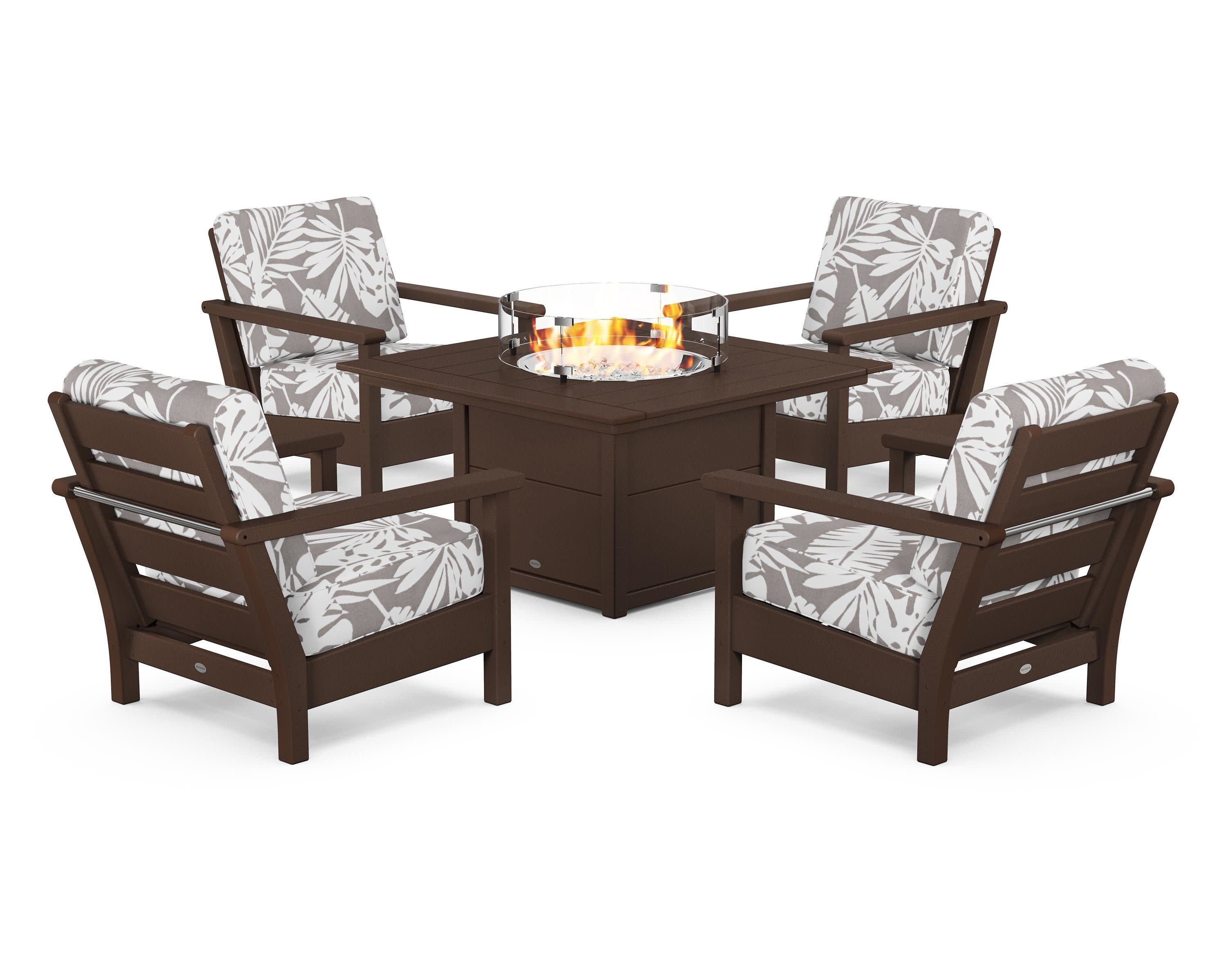 Harbour 5-Piece Conversation Set with Fire Pit Table in Mahogany / Leaf Grey Mist