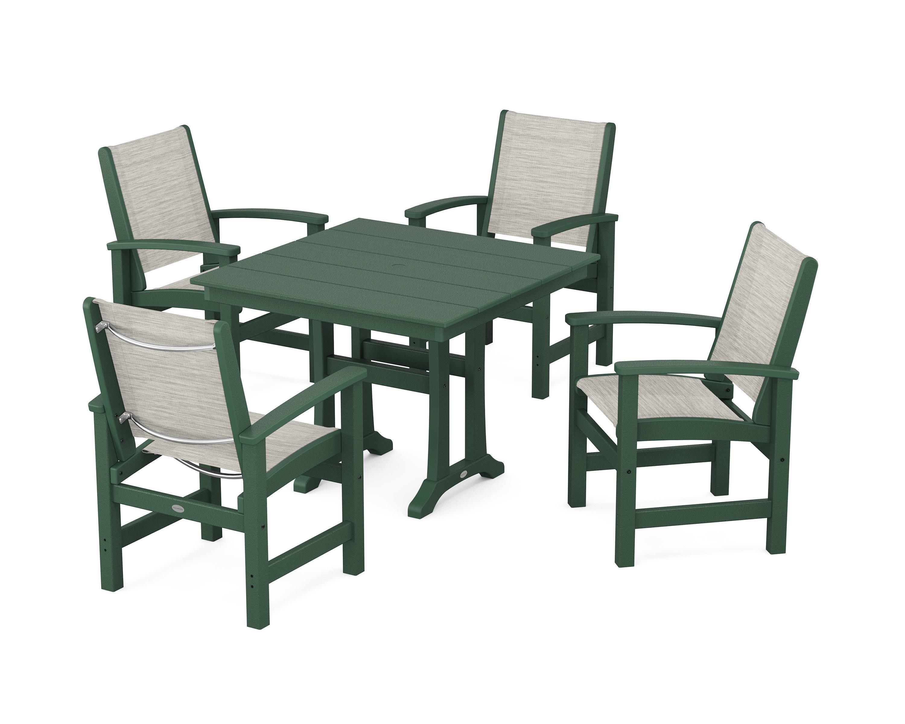 Coastal 5-Piece Farmhouse Dining Set With Trestle Legs in Green / Birch Sling