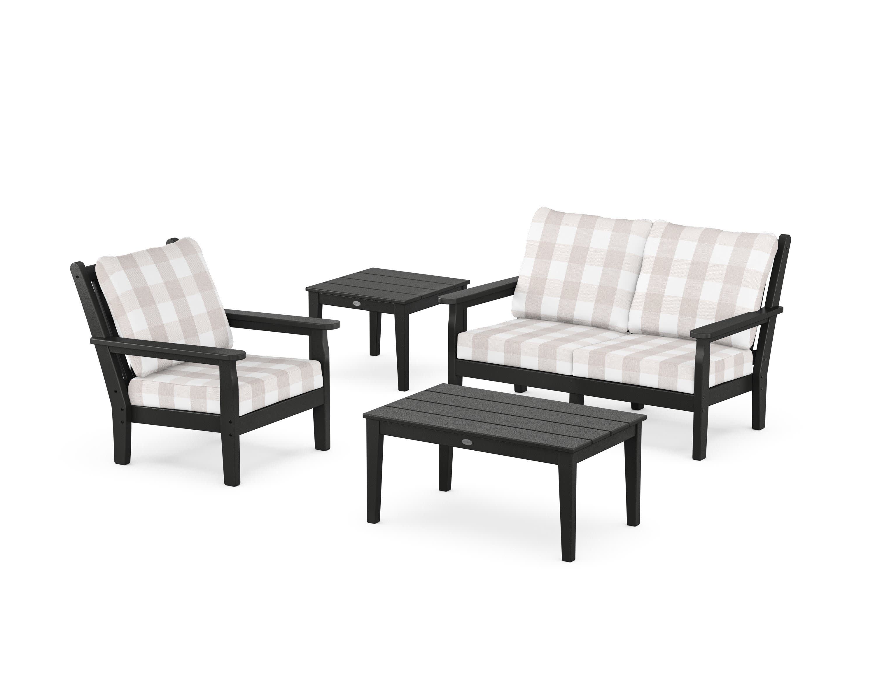 Chippendale 4-Piece Deep Seating Set in Black / Buffalo Plaid Dune Burlap