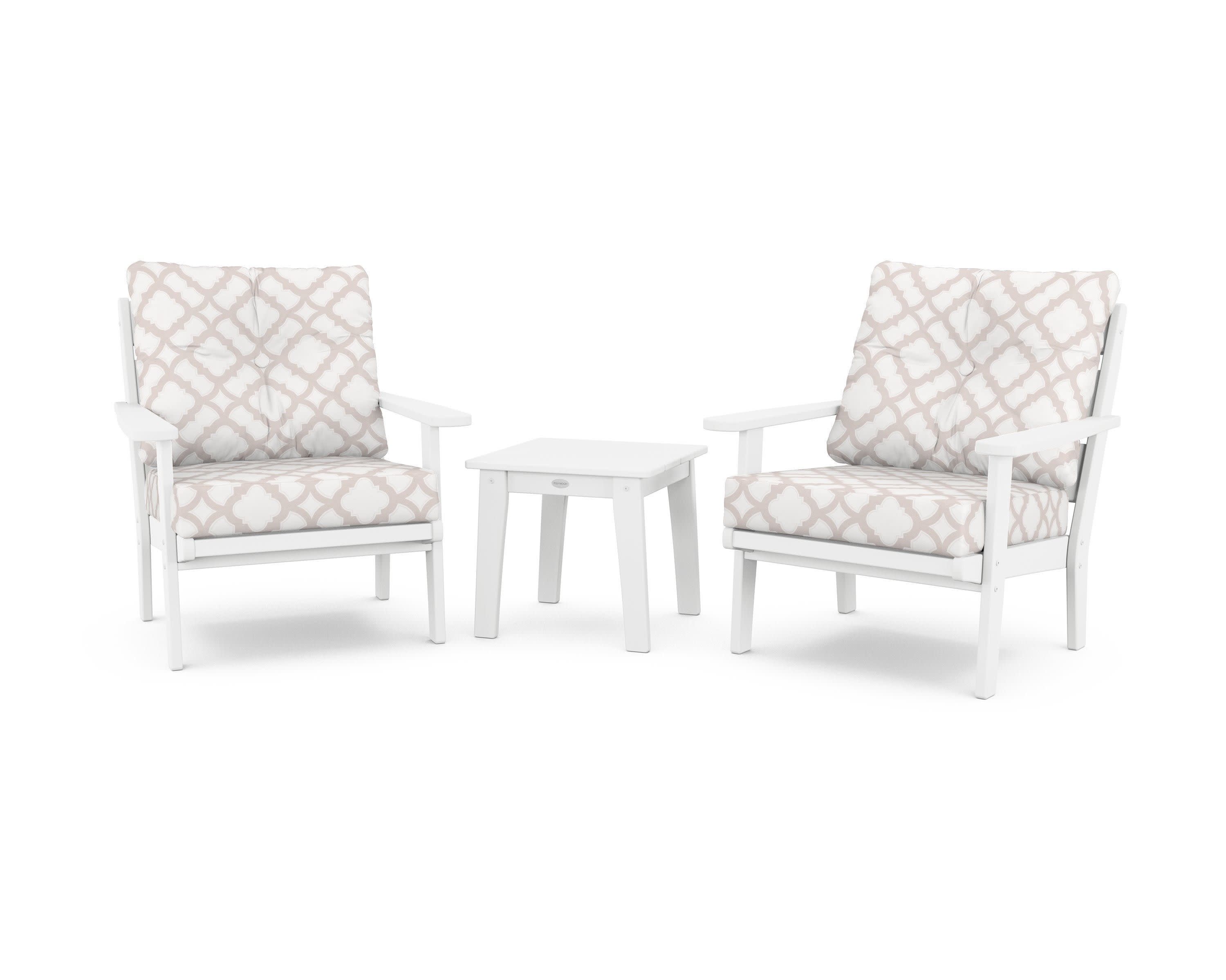 Lakeside 3-Piece Deep Seating Chair Set in White / Trellis Dune Burlap