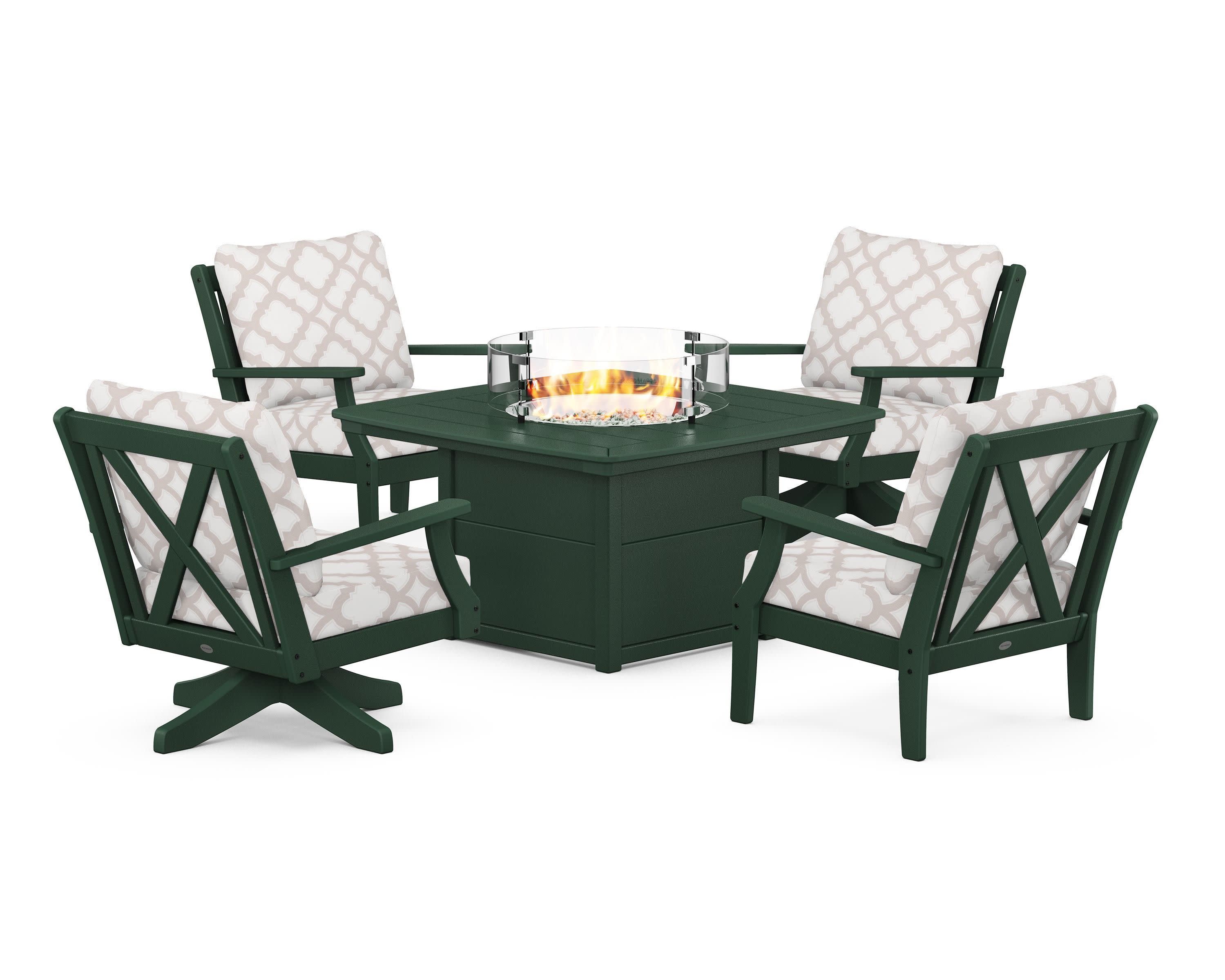 Braxton 5-Piece Deep Seating Set with Fire Table in Green / Trellis Dune Burlap