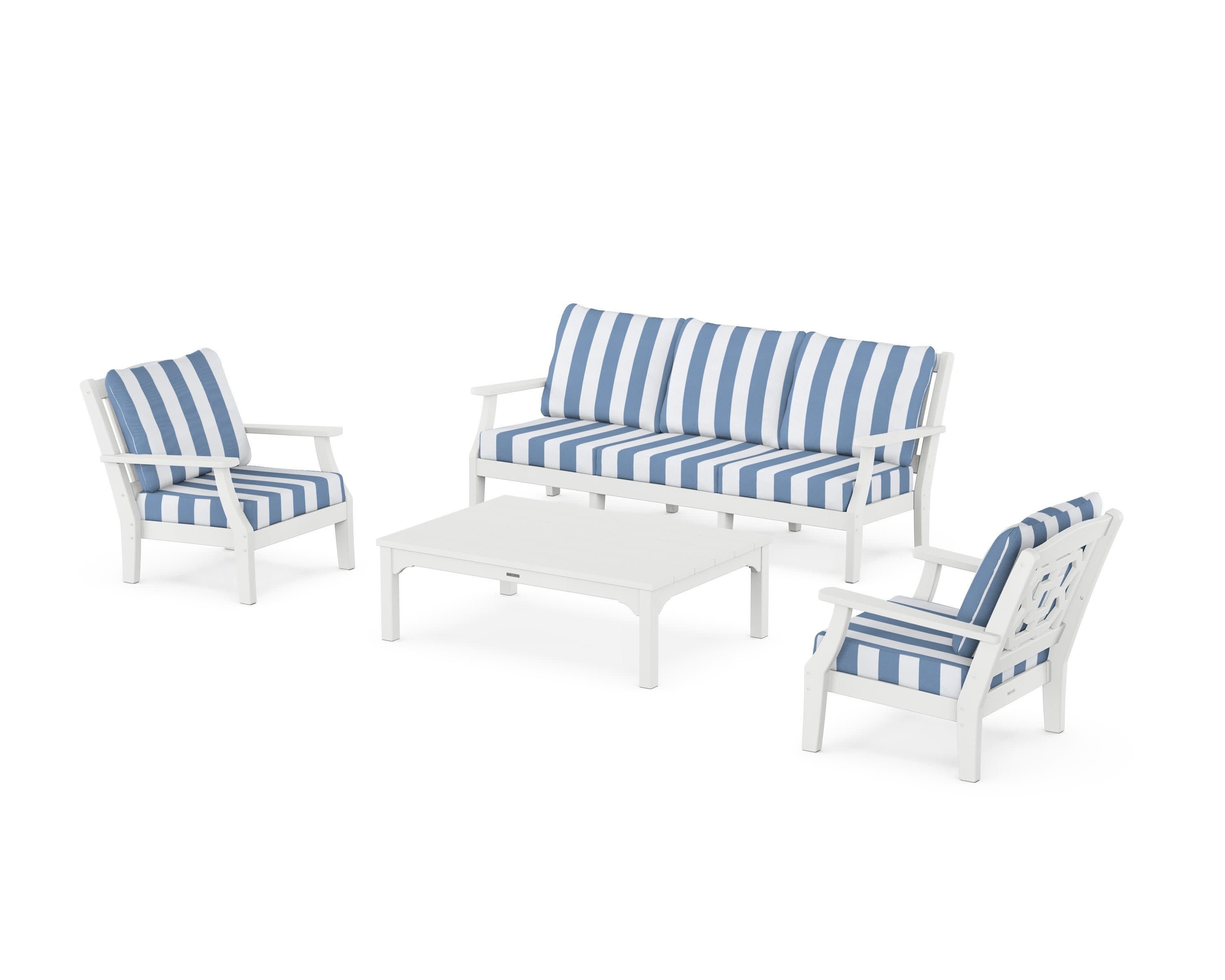 Chinoiserie 4-Piece Deep Seating Set with Sofa in White / Cabana Stripe Sky Blue
