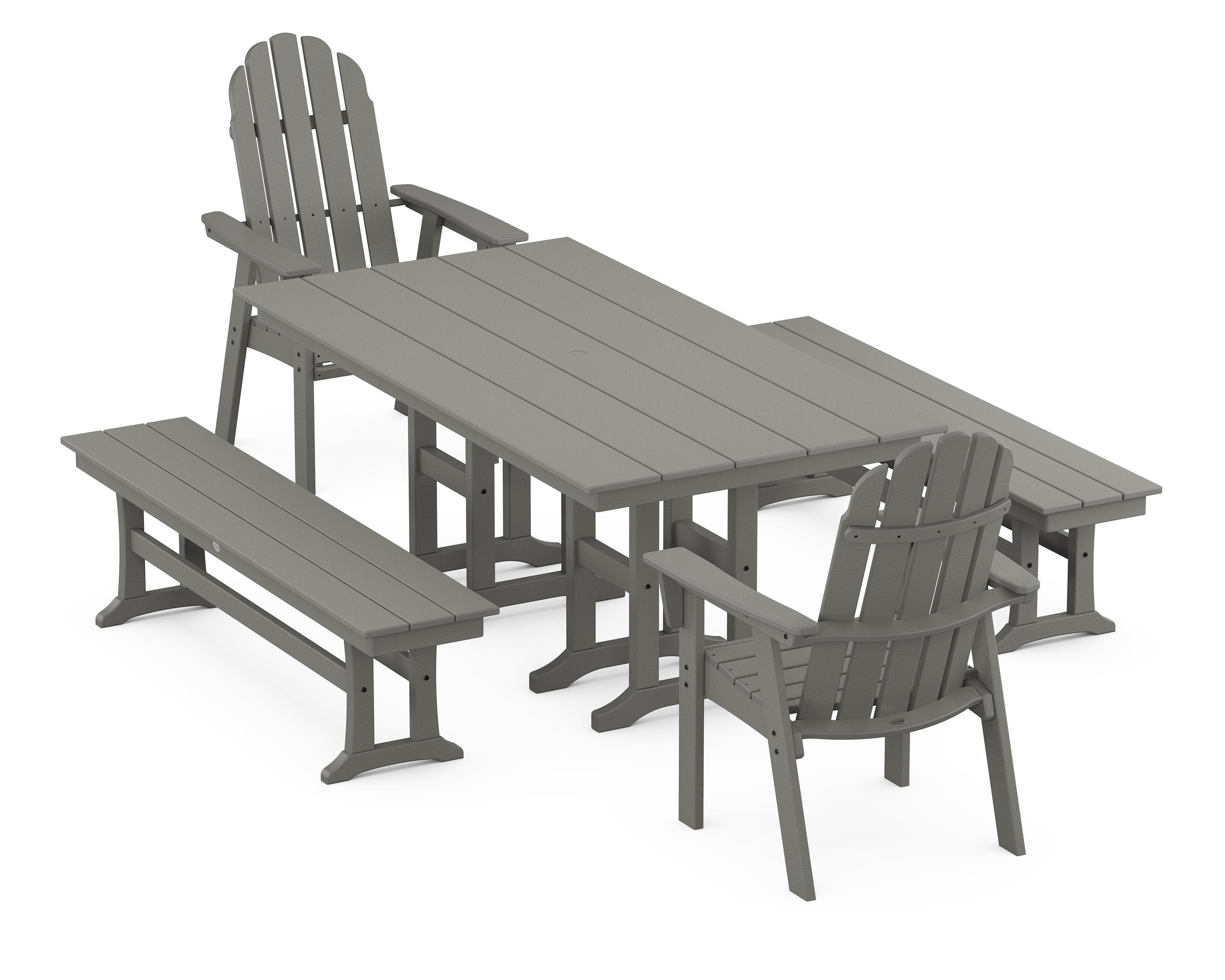 Vineyard Curveback Adirondack 5-Piece Farmhouse Dining Set with Benches in Slate Grey