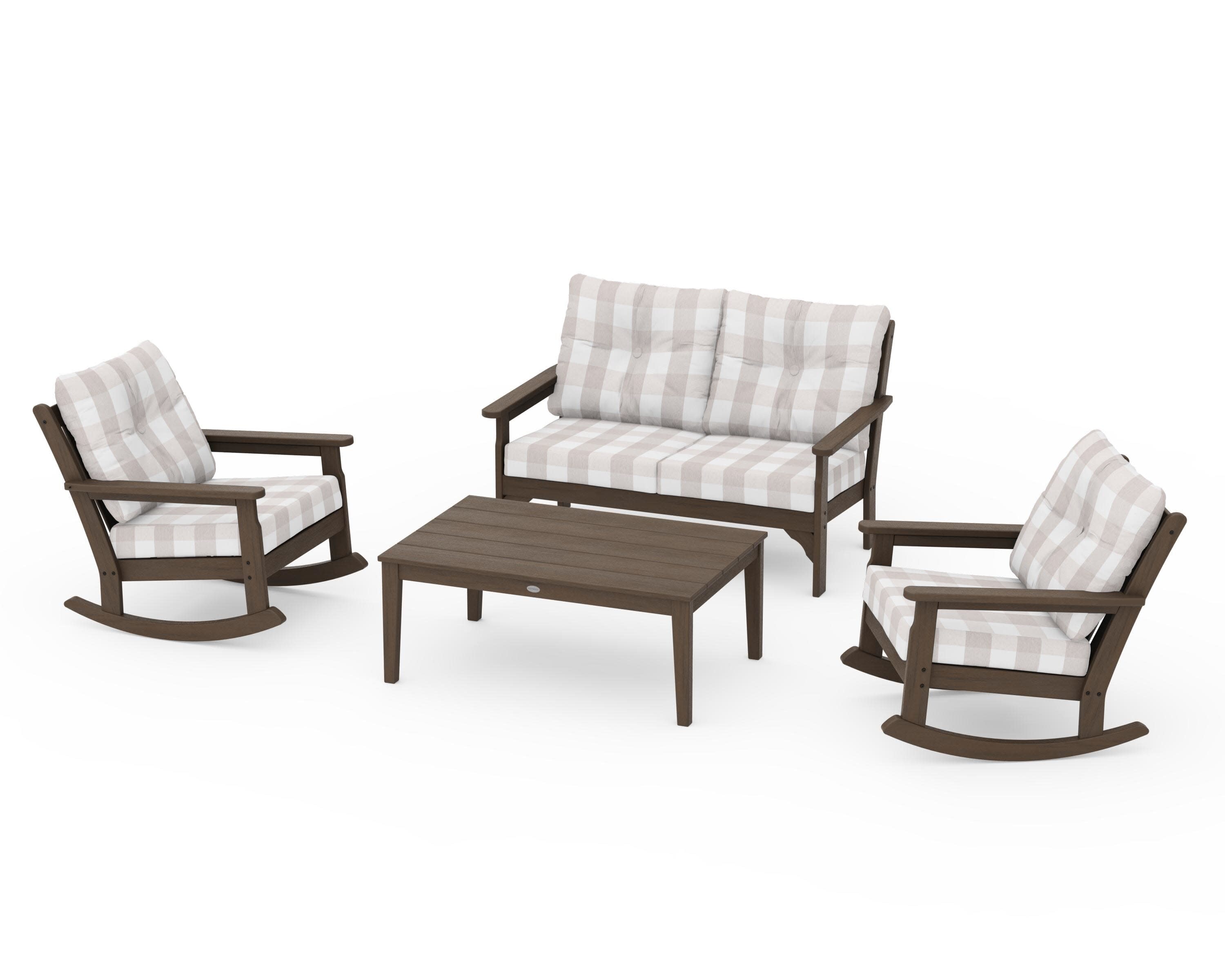 Vineyard 4-Piece Deep Seating Rocking Chair Set in Kona / Buffalo Plaid Dune Burlap