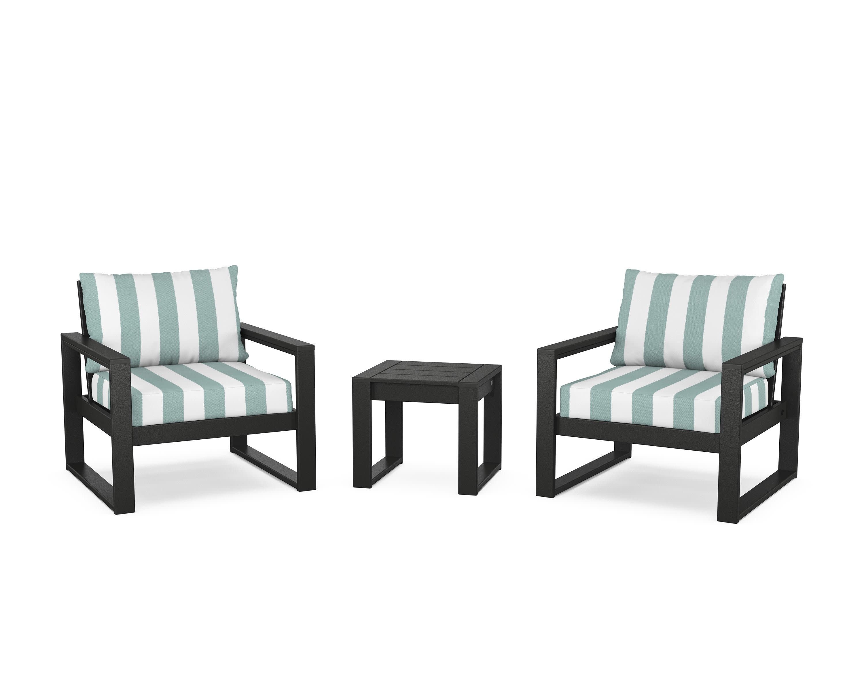 EDGE Sectional 3-Piece Deep Seating Set in Black / Cabana Stripe Glacier Spa