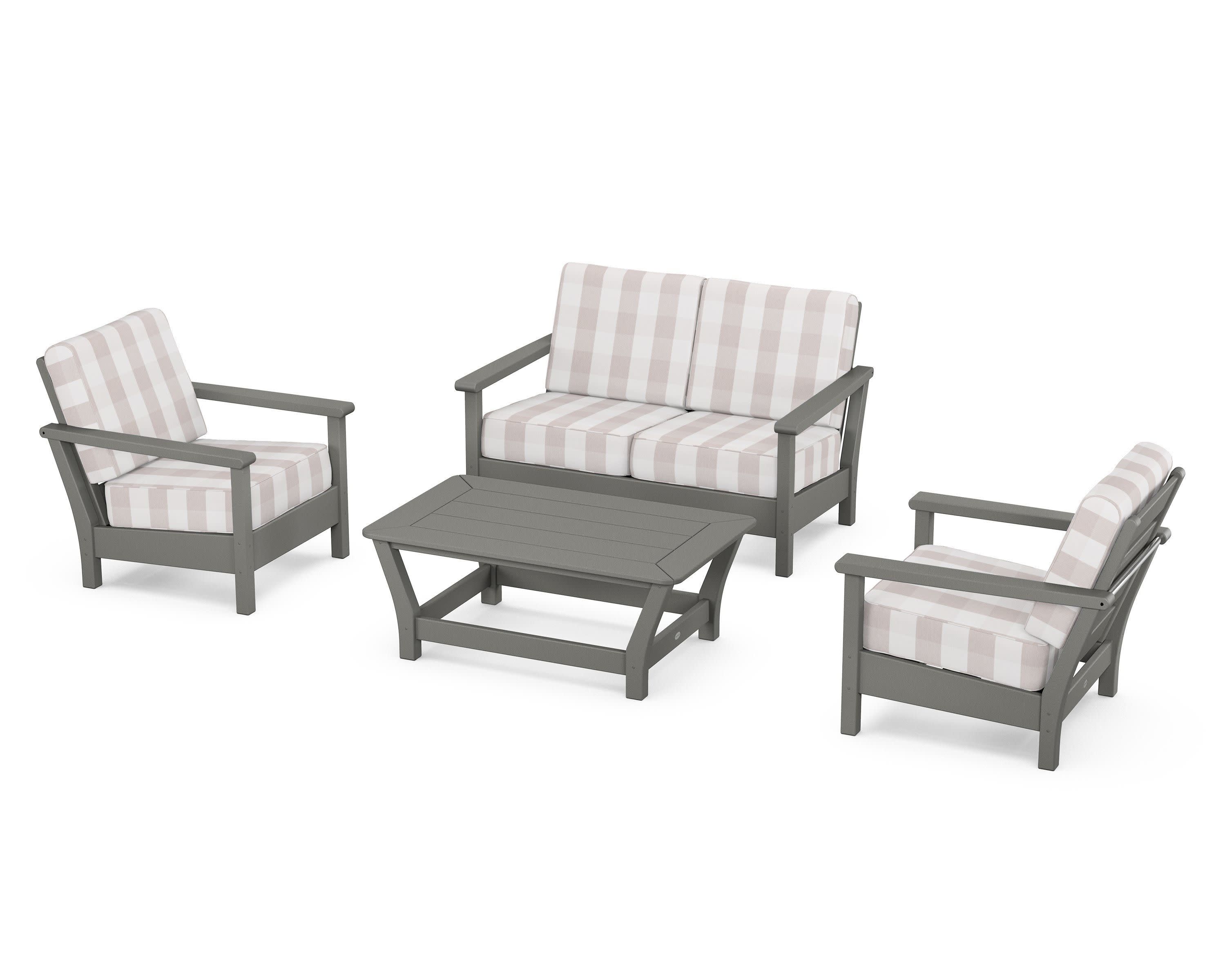 Harbour 4-Piece Deep Seating Set in Slate Grey / Buffalo Plaid Dune Burlap