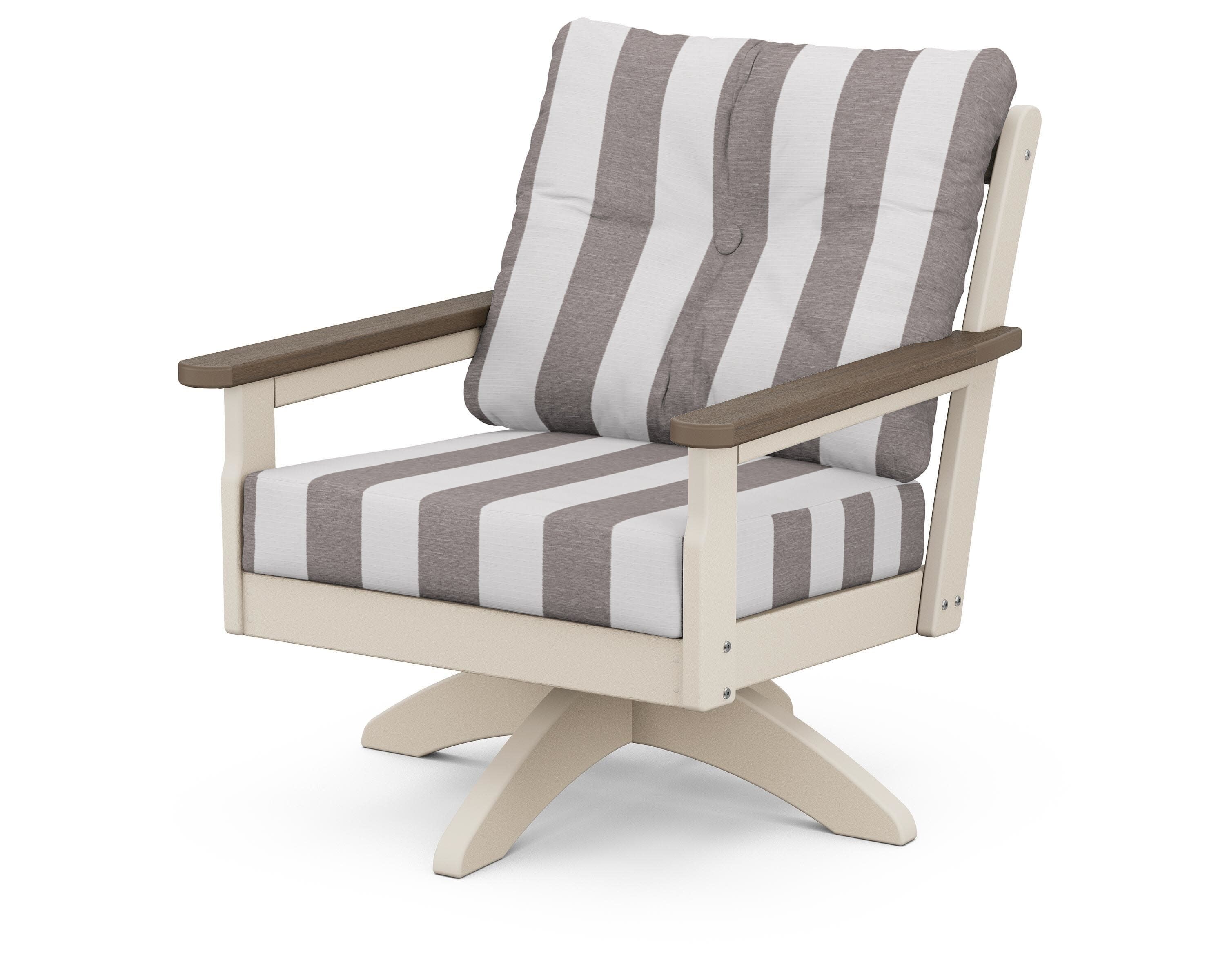 Vineyard Deep Seating Swivel Chair in Sand / Kona / Cabana Stripe Grey Mist