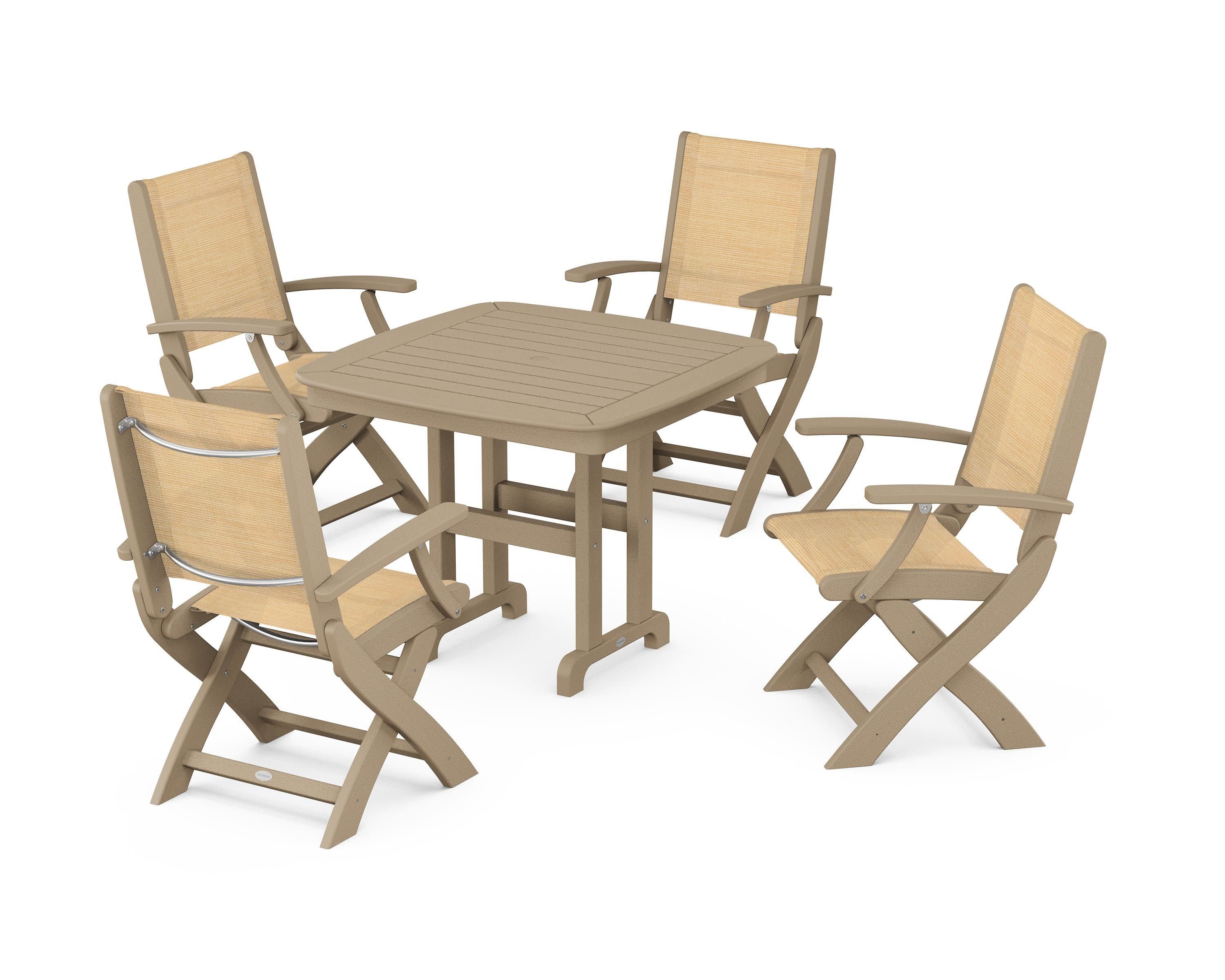 Coastal Folding Chair 5-Piece Dining Set in Vintage Sahara / Dupioni Apricot Sling