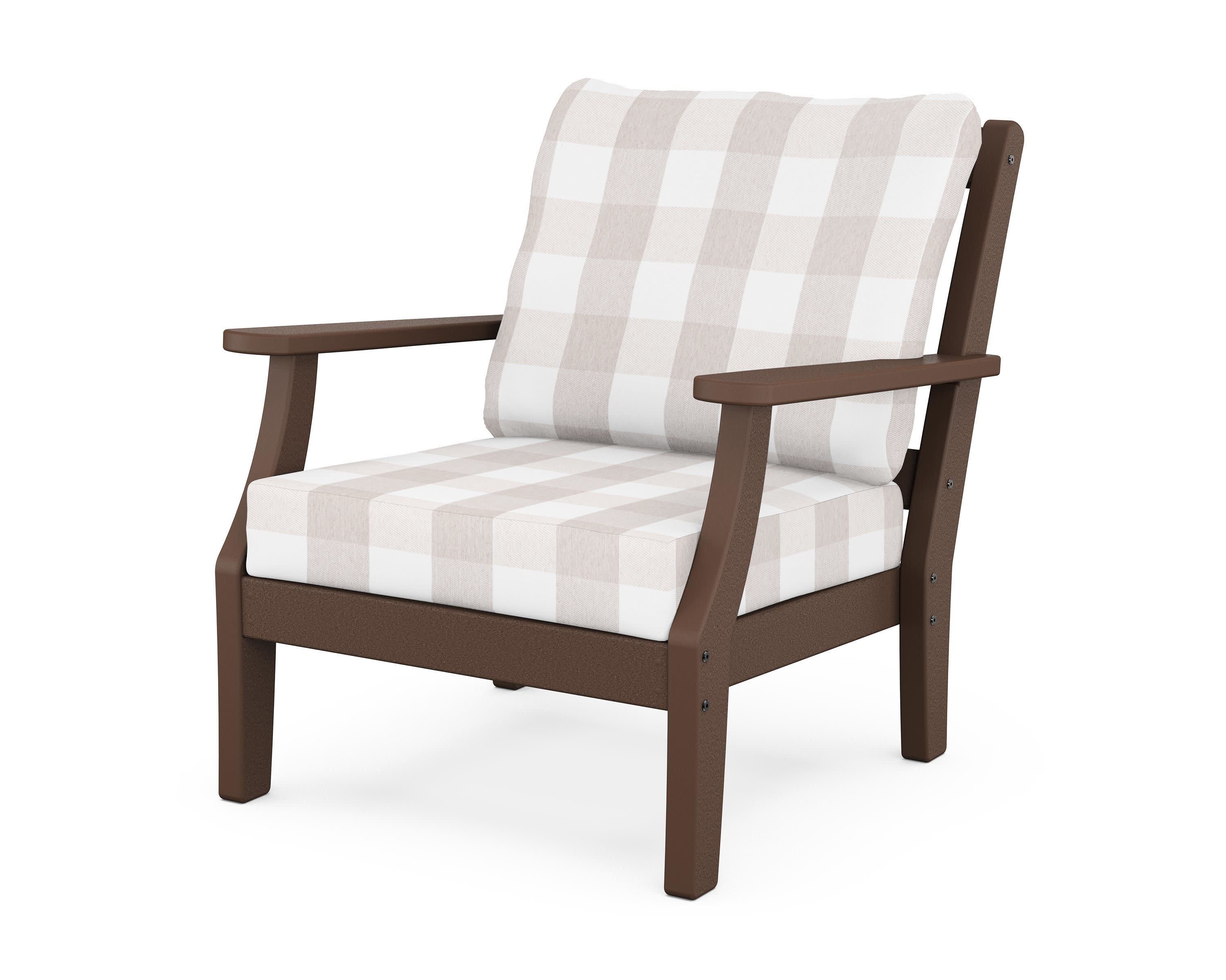 Chinoiserie Deep Seating Chair in Mahogany / Buffalo Plaid Dune Burlap