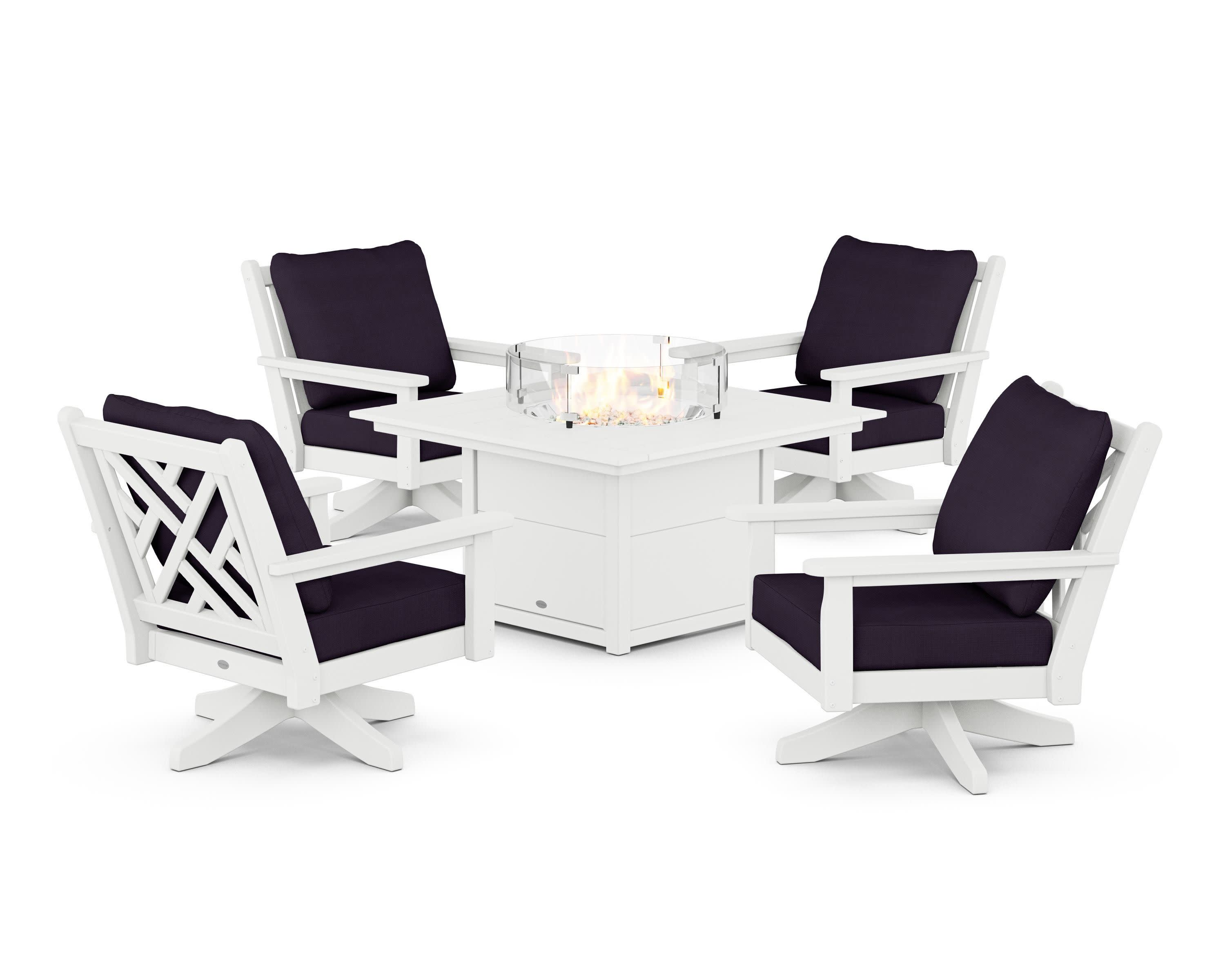 Chippendale 5-Piece Deep Seating Swivel Conversation Set with Fire Pit Table in White / Navy Linen