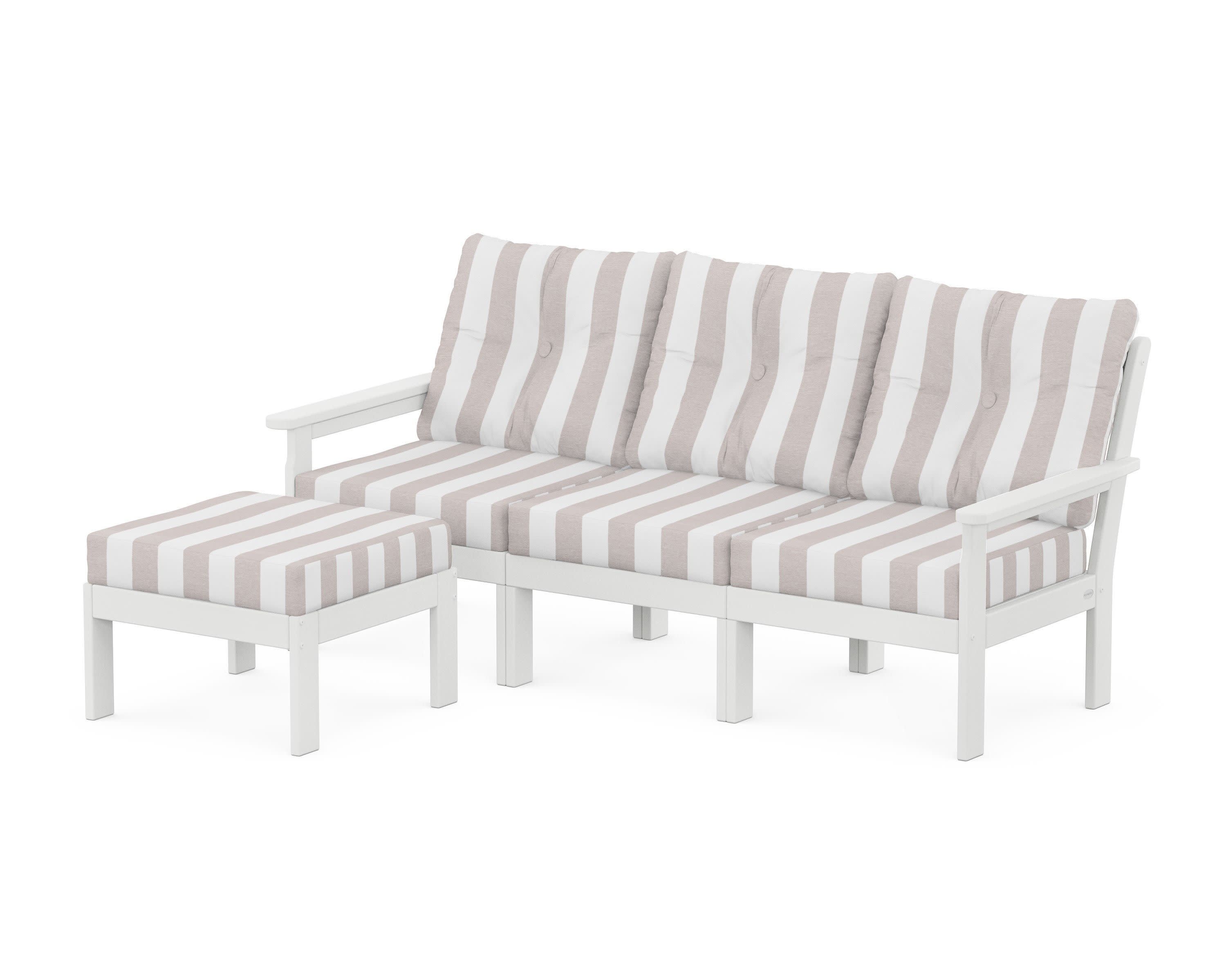 Vineyard 4-Piece Sectional with Ottoman in White / Cabana Stripe Dune Burlap