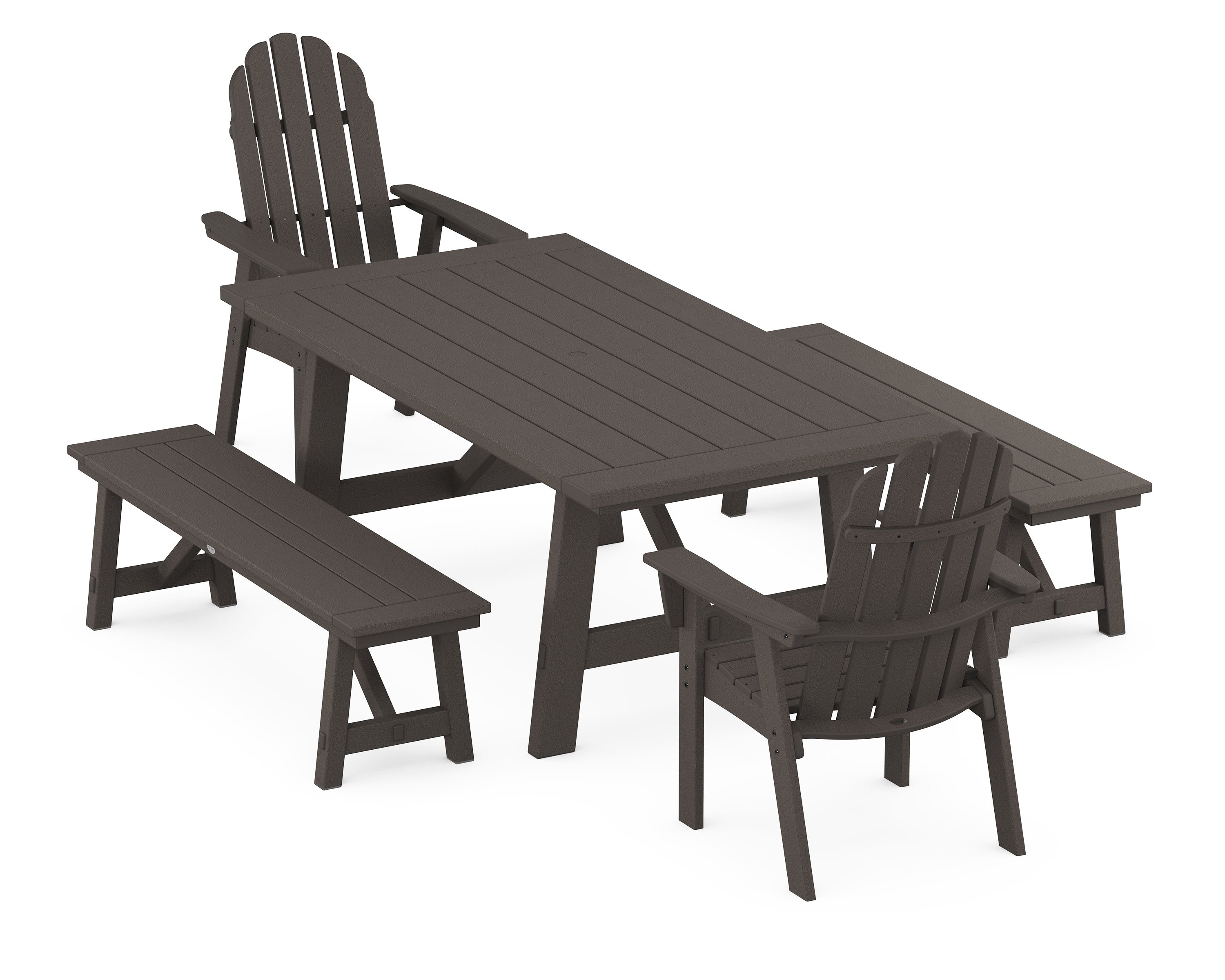 Vineyard Curveback Adirondack 5-Piece Rustic Farmhouse Dining Set With Benches in Vintage Coffee