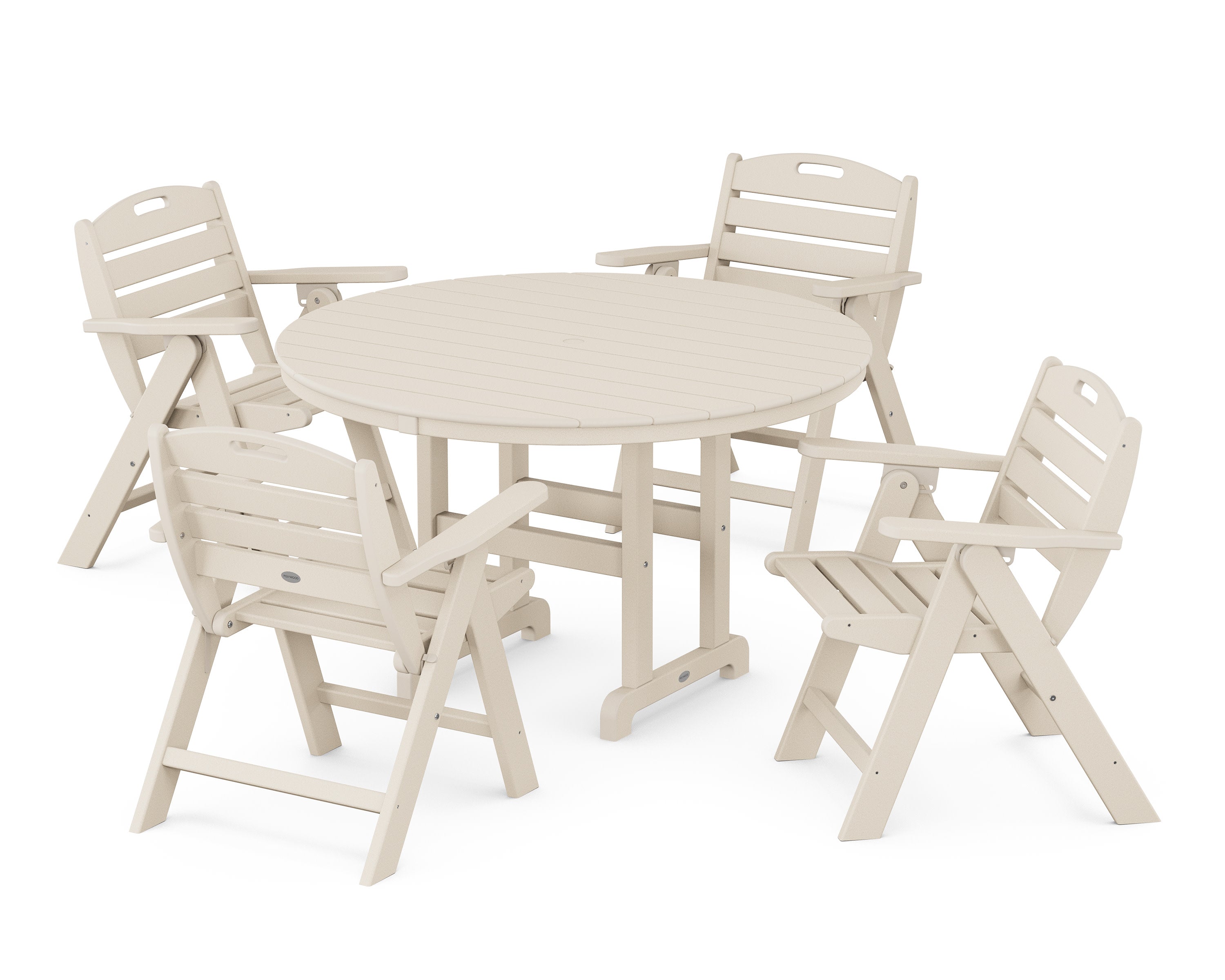 Nautical Folding Lowback Chair 5-Piece Round Farmhouse Dining Set in Sand