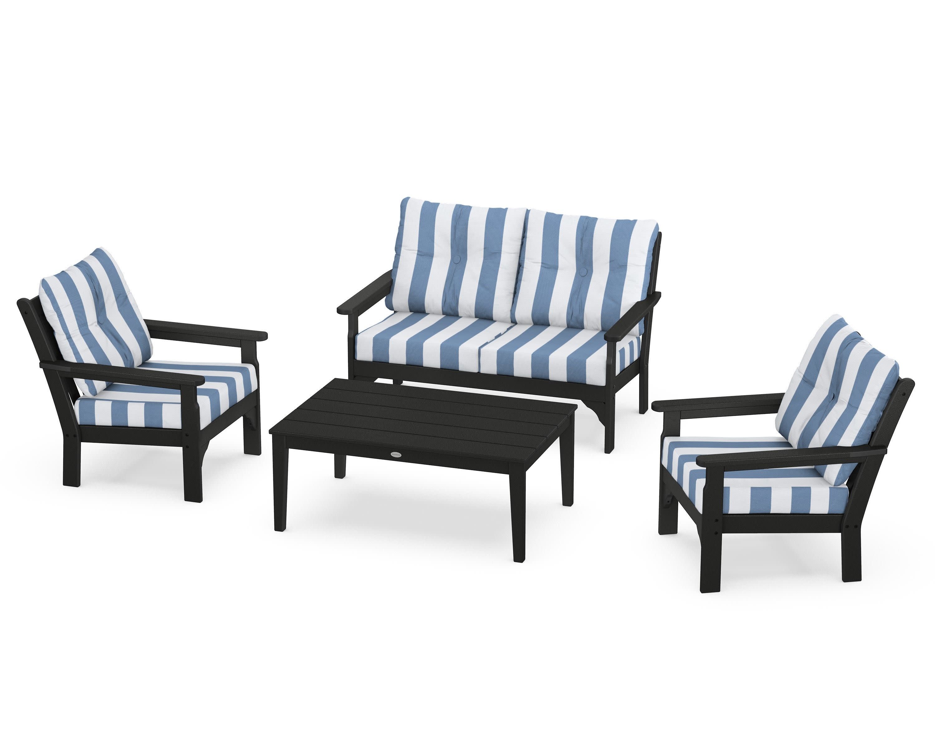 Vineyard 4-Piece Deep Seating Set in Black / Cabana Stripe Sky Blue