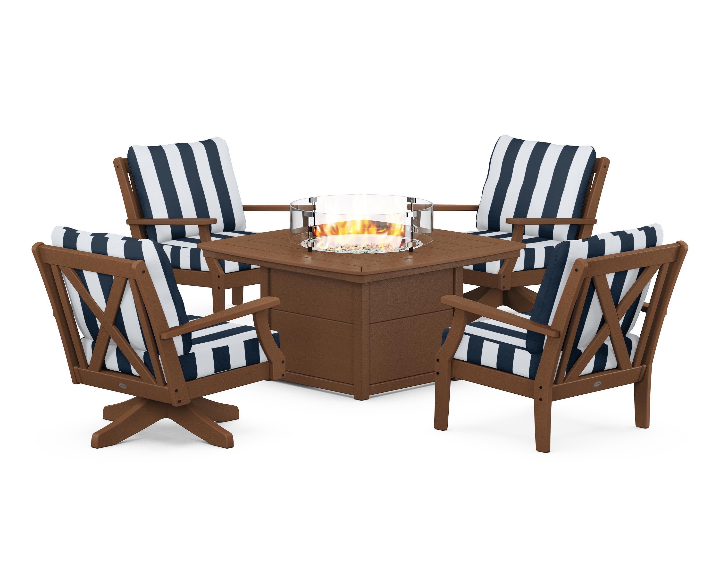 Braxton 5-Piece Deep Seating Set with Fire Table in Teak / Cabana Stripe Marine Indigo
