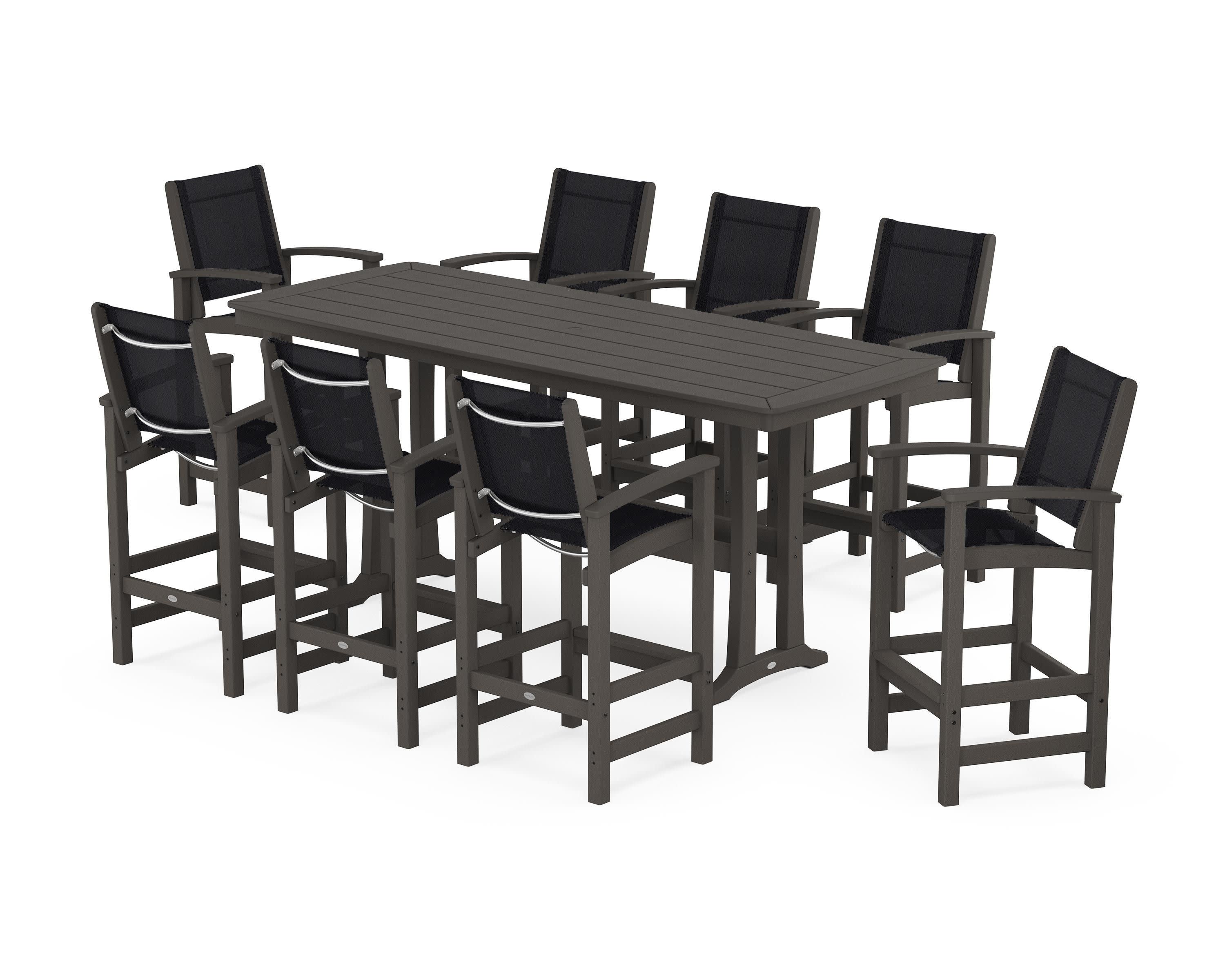 Coastal 9-Piece Bar Set with Trestle Legs in Vintage Coffee / Black Sling