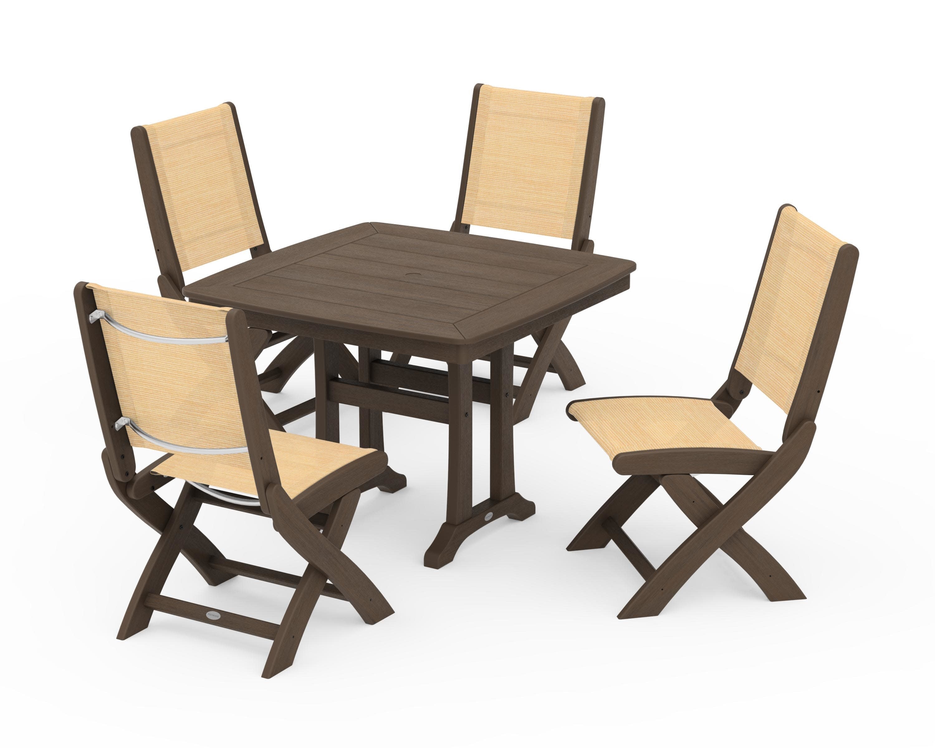 Coastal Folding Side Chair 5-Piece Dining Set with Trestle Legs in Kona / Dupioni Apricot Sling