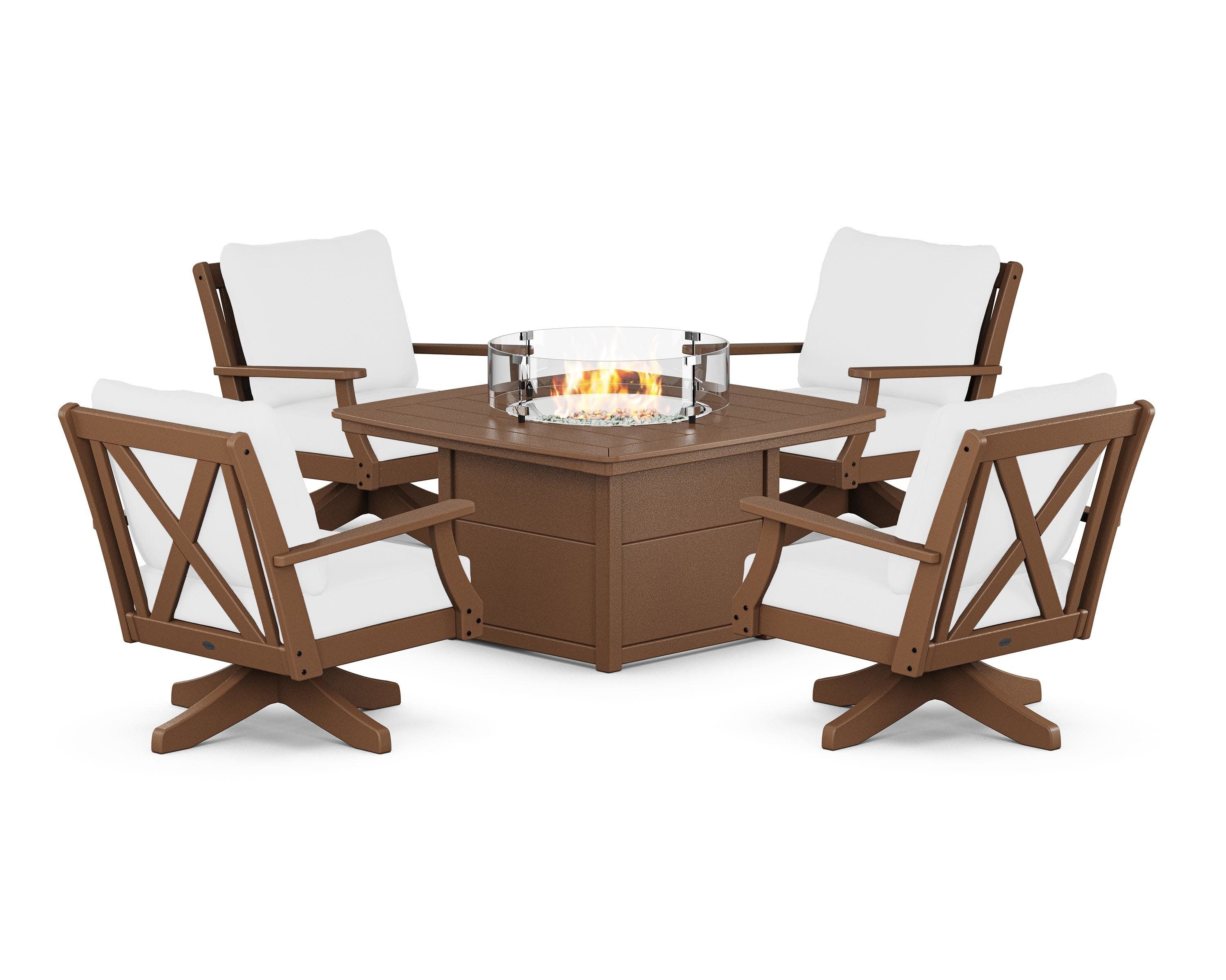 Braxton 5-Piece Deep Seating Swivel Conversation Set with Fire Pit Table in Teak / Natural