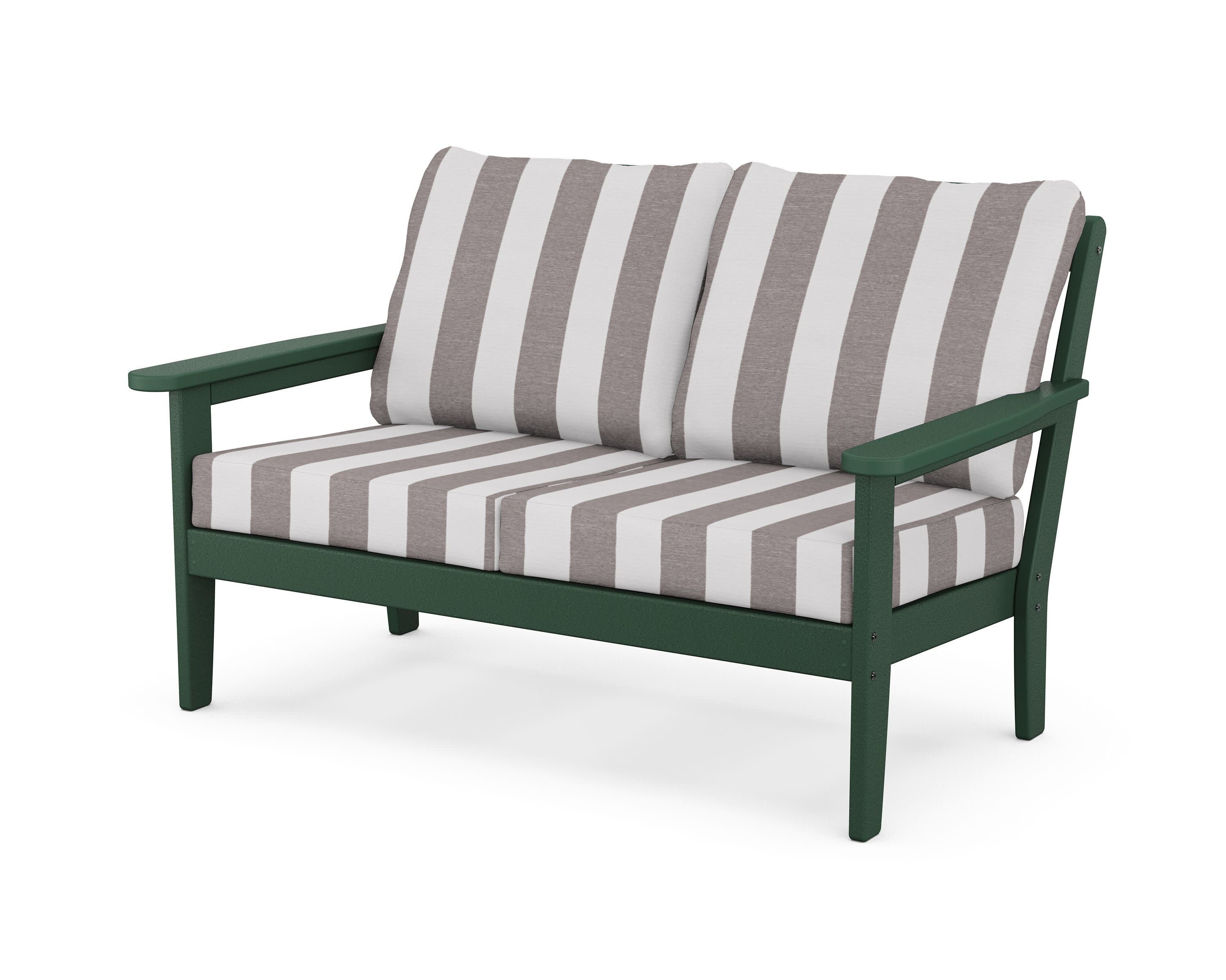 Cottage Deep Seating Loveseat in Green / Cabana Stripe Grey Mist