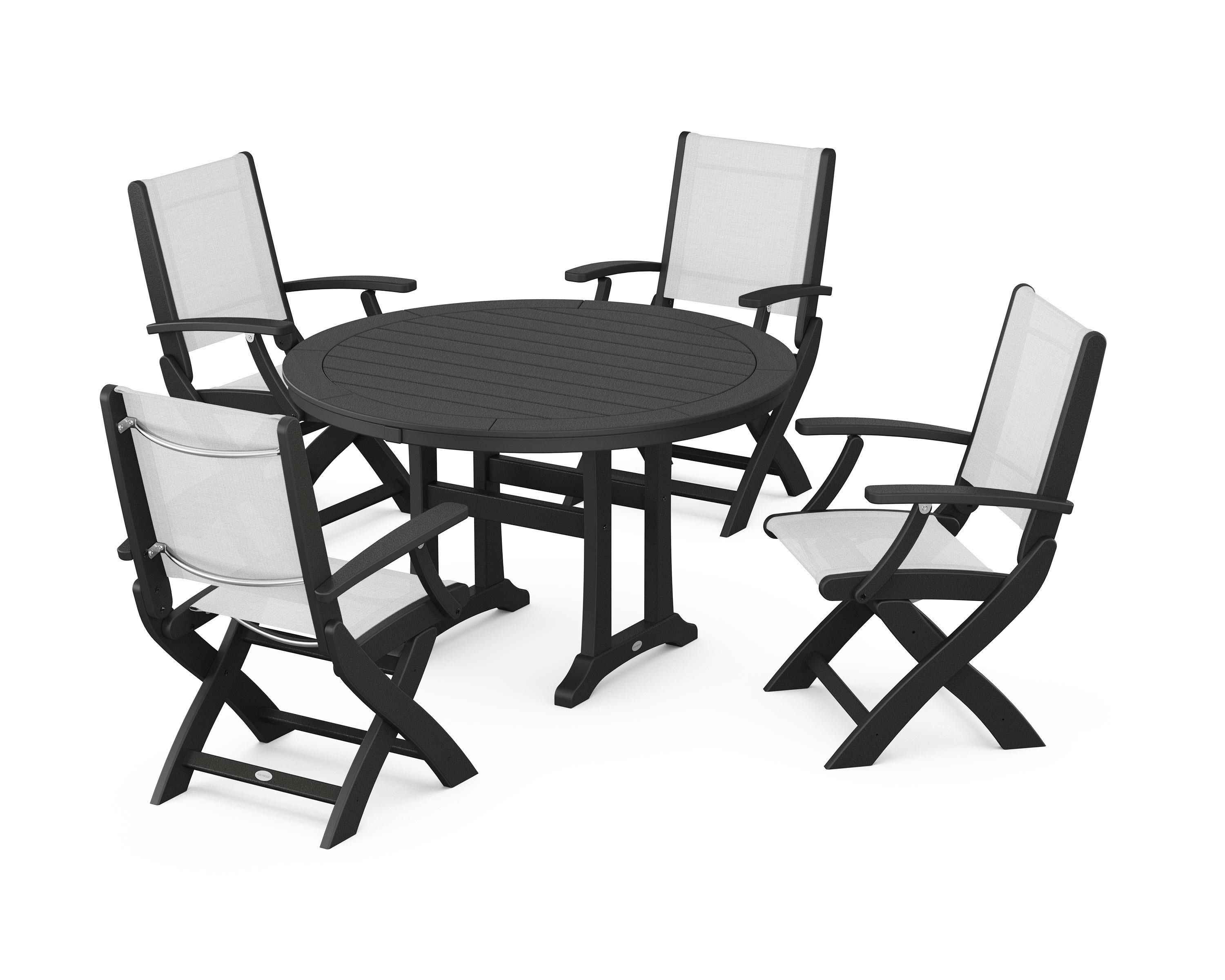Coastal Folding Chair 5-Piece Round Dining Set with Trestle Legs in Black / White Sling