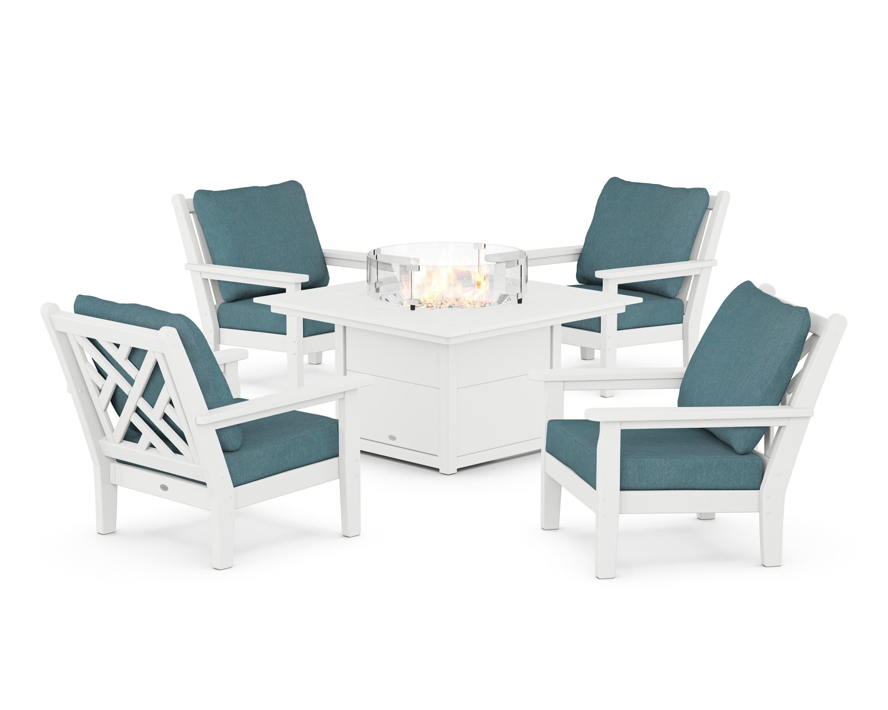 Chippendale 5-Piece Deep Seating Set with Fire Pit Table in White / Ocean Teal