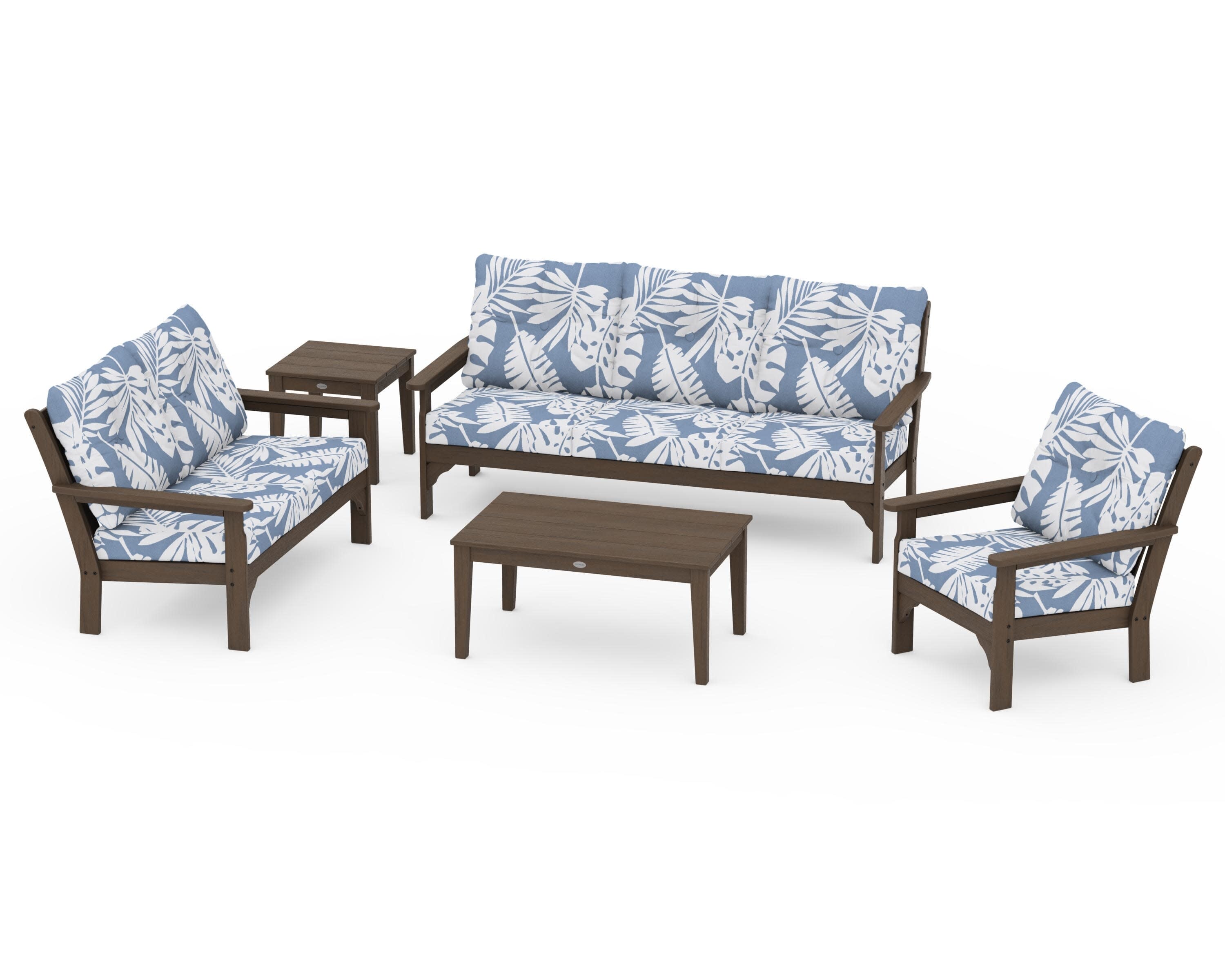 Vineyard 5 Piece Deep Seating Set in Kona / Leaf Sky Blue