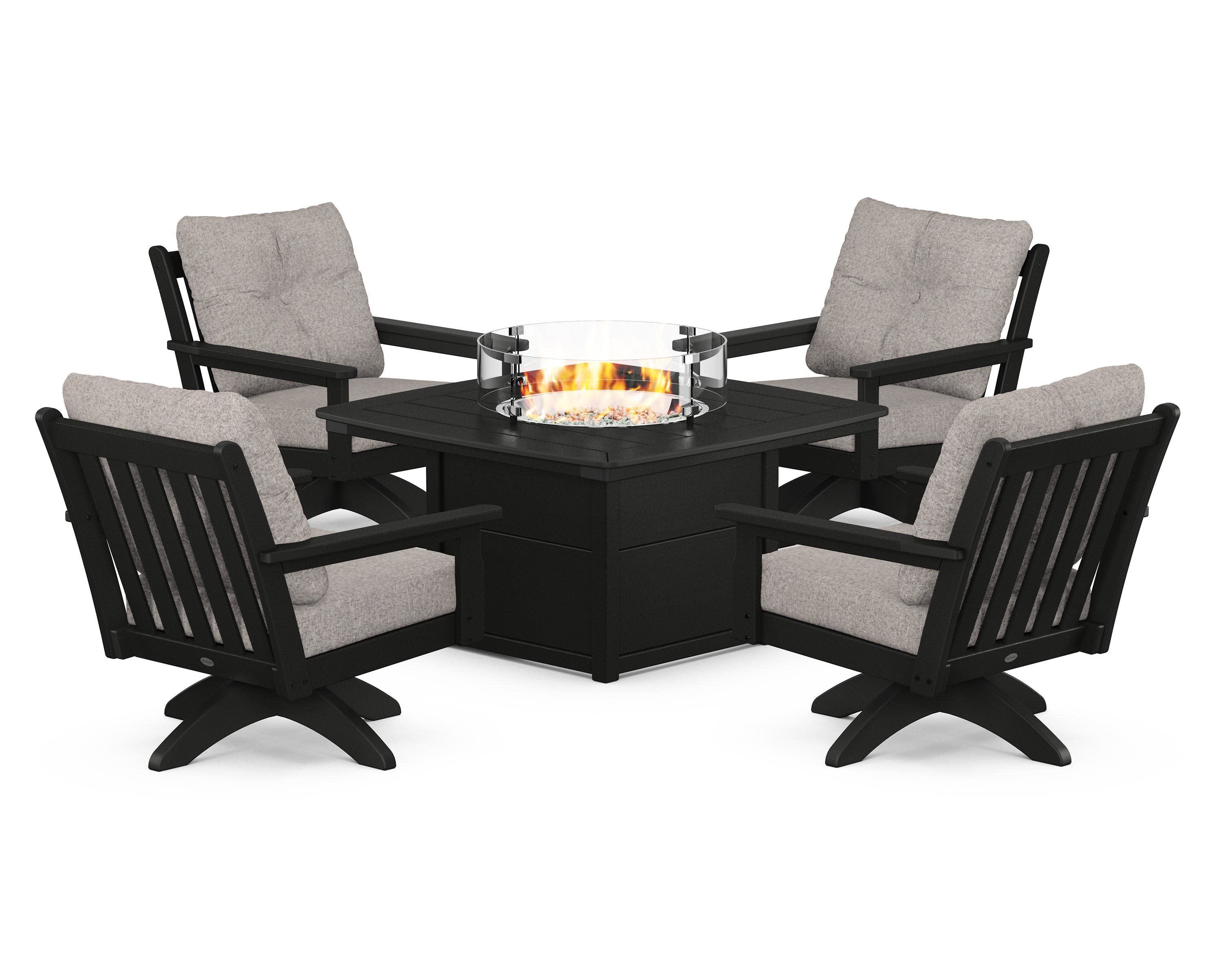 Vineyard 5-Piece Deep Seating Swivel Conversation Set with Fire Pit Table in Black / Weathered Tweed