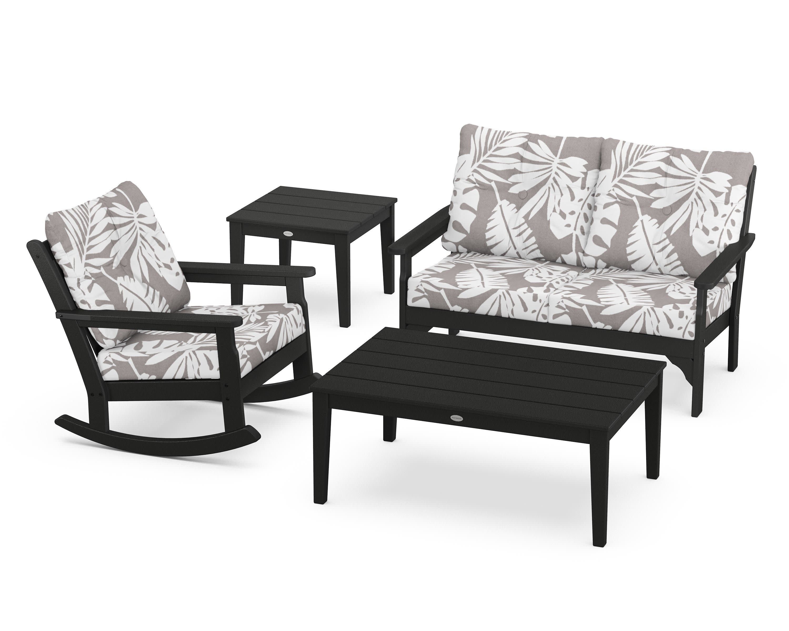 Vineyard 4-Piece Deep Seating Rocker Set in Black / Leaf Grey Mist