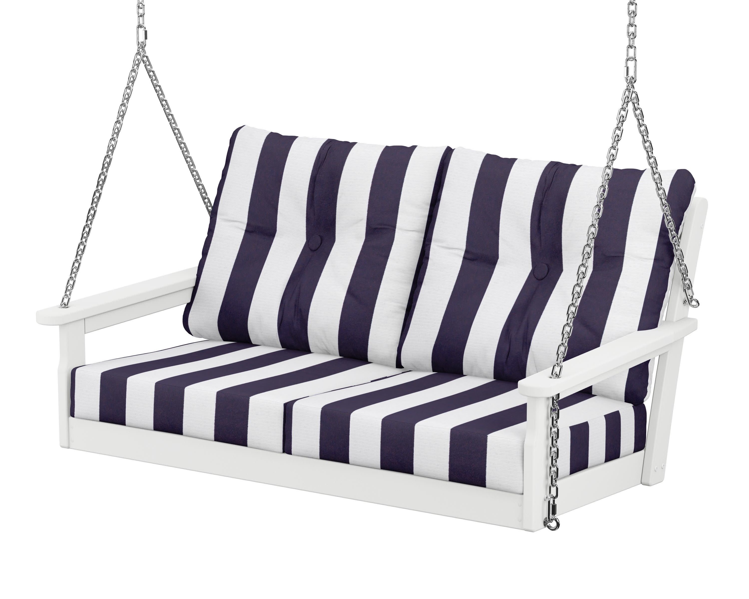 Vineyard Deep Seating Swing in White / Cabana Stripe Navy