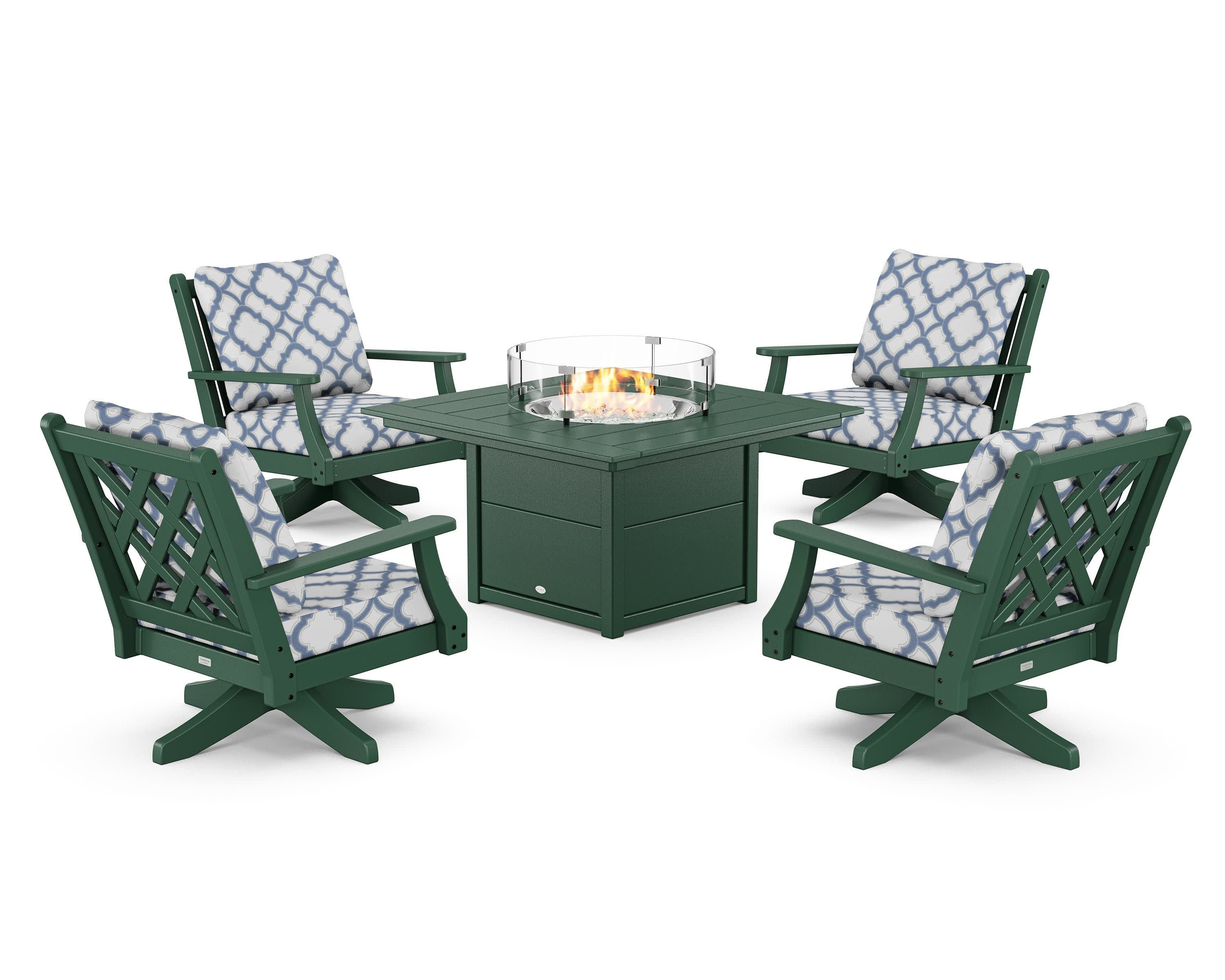 Wovendale 5-Piece Deep Seating Swivel Conversation Set with Fire Pit Table in Green / Trellis Sky Blue