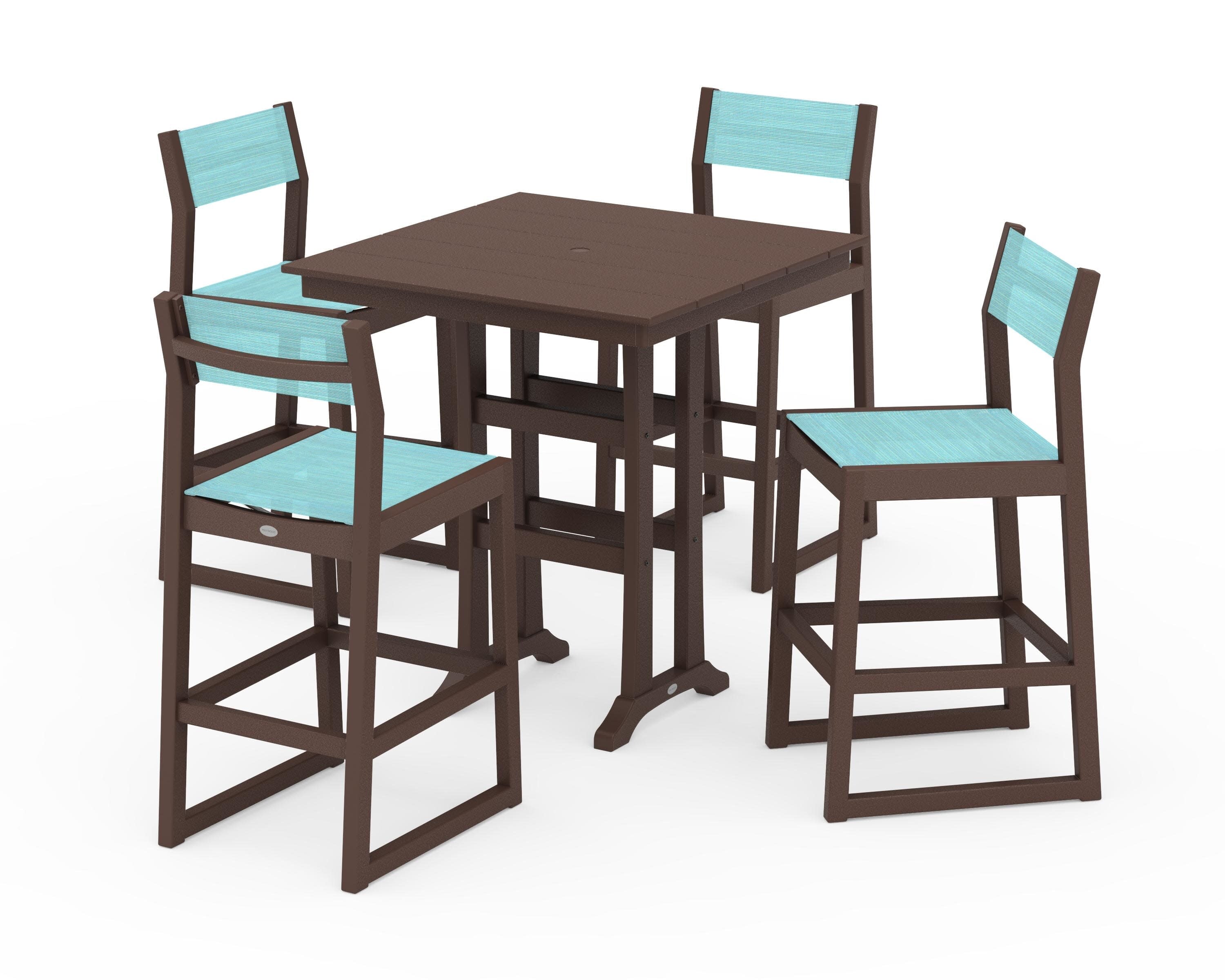 EDGE Sling Arm Chair 5-Piece Farmhouse Bar Set with Trestle Legs in Mahogany / Dupioni Aquamarine Sling
