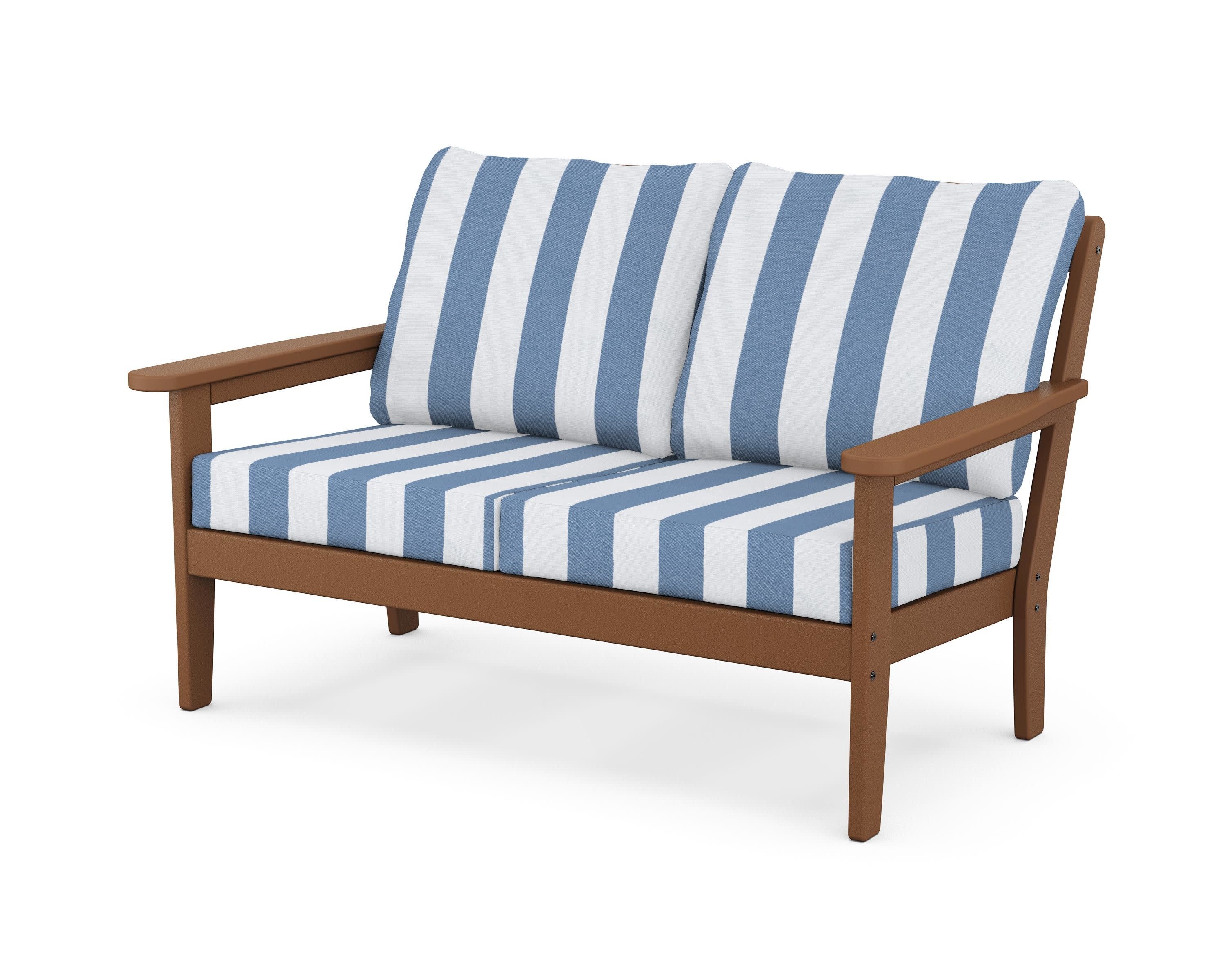 Cottage Deep Seating Loveseat in Teak / Cabana Stripe Sky Blue