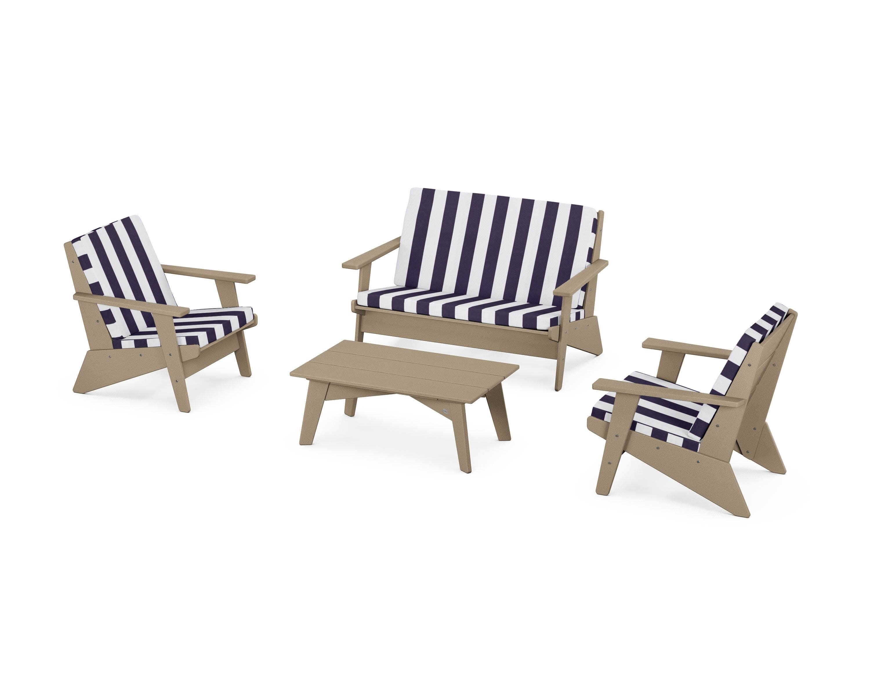 Riviera Modern Lounge 4-Piece Set in Vintage Sahara / Cabana Stripe Navy