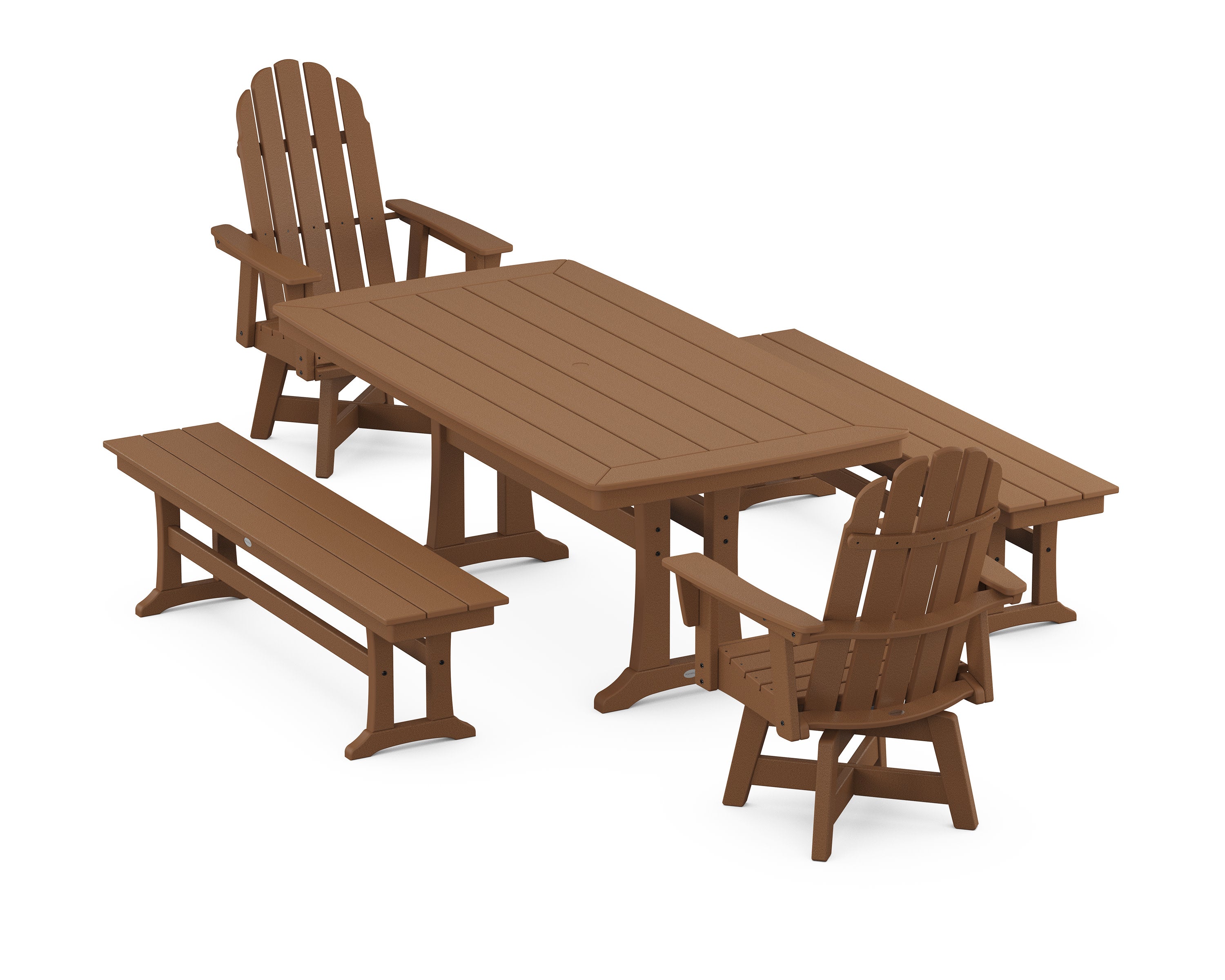 Vineyard Adirondack Swivel Chair 5-Piece Dining Set with Trestle Legs and Benches in Teak