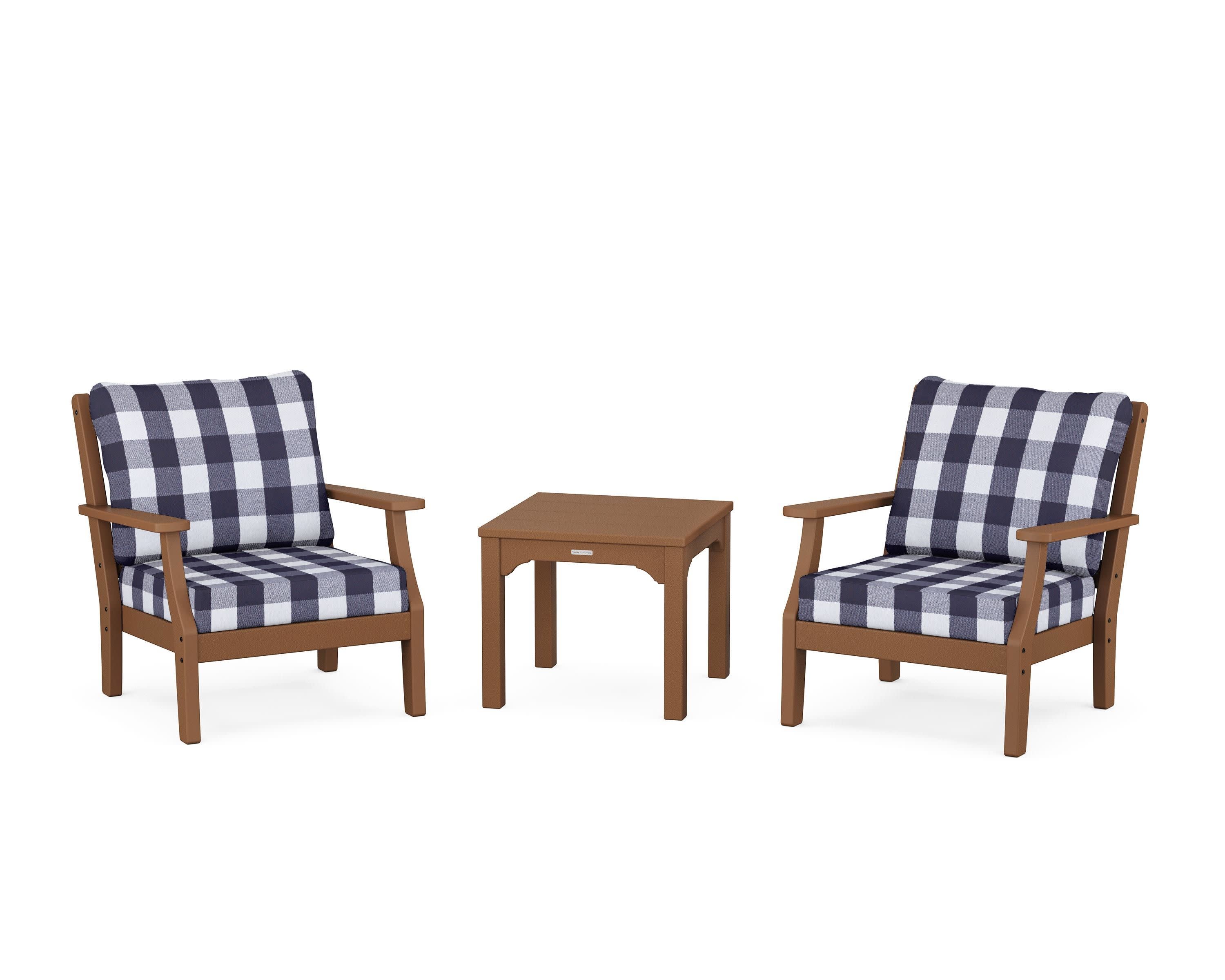Chinoiserie 3-Piece Deep Seating Set in Teak / Buffalo Plaid Navy