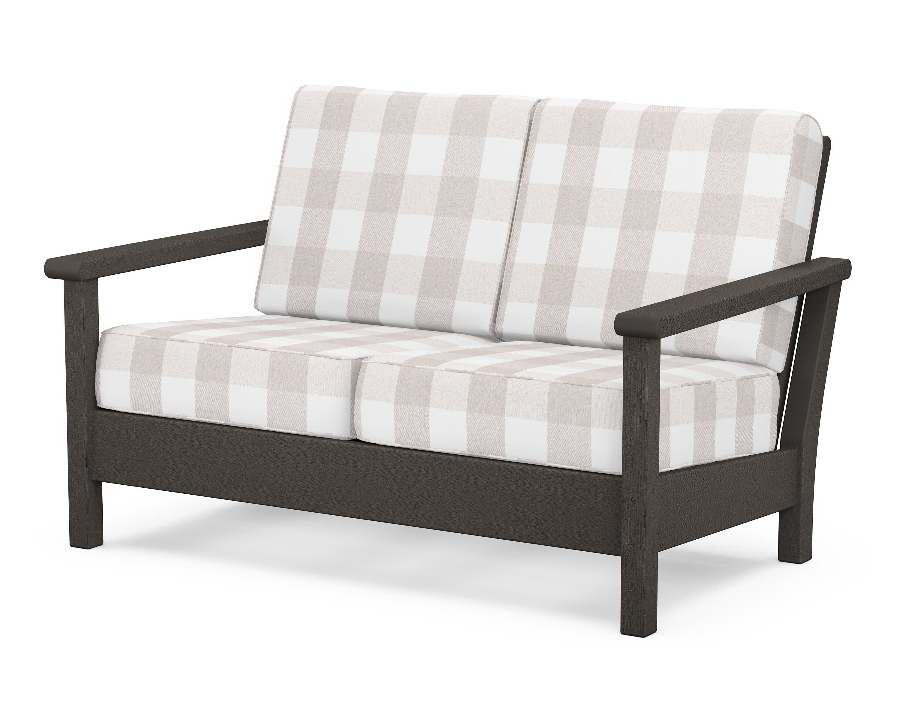 Harbour Deep Seating Loveseat in Vintage Coffee / Buffalo Plaid Dune Burlap