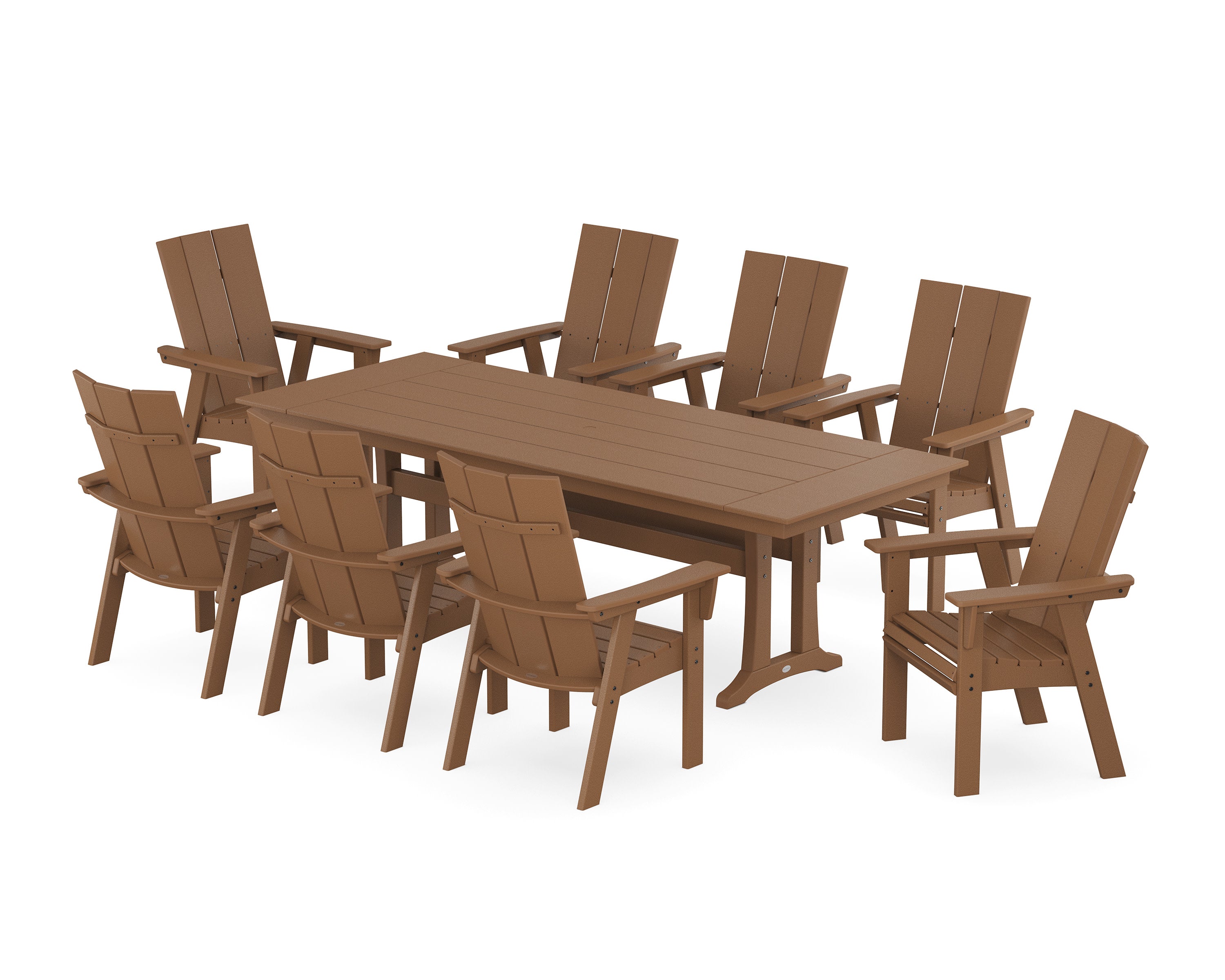 Modern Curveback Adirondack 9-Piece Farmhouse Dining Set with Trestle Legs in Teak