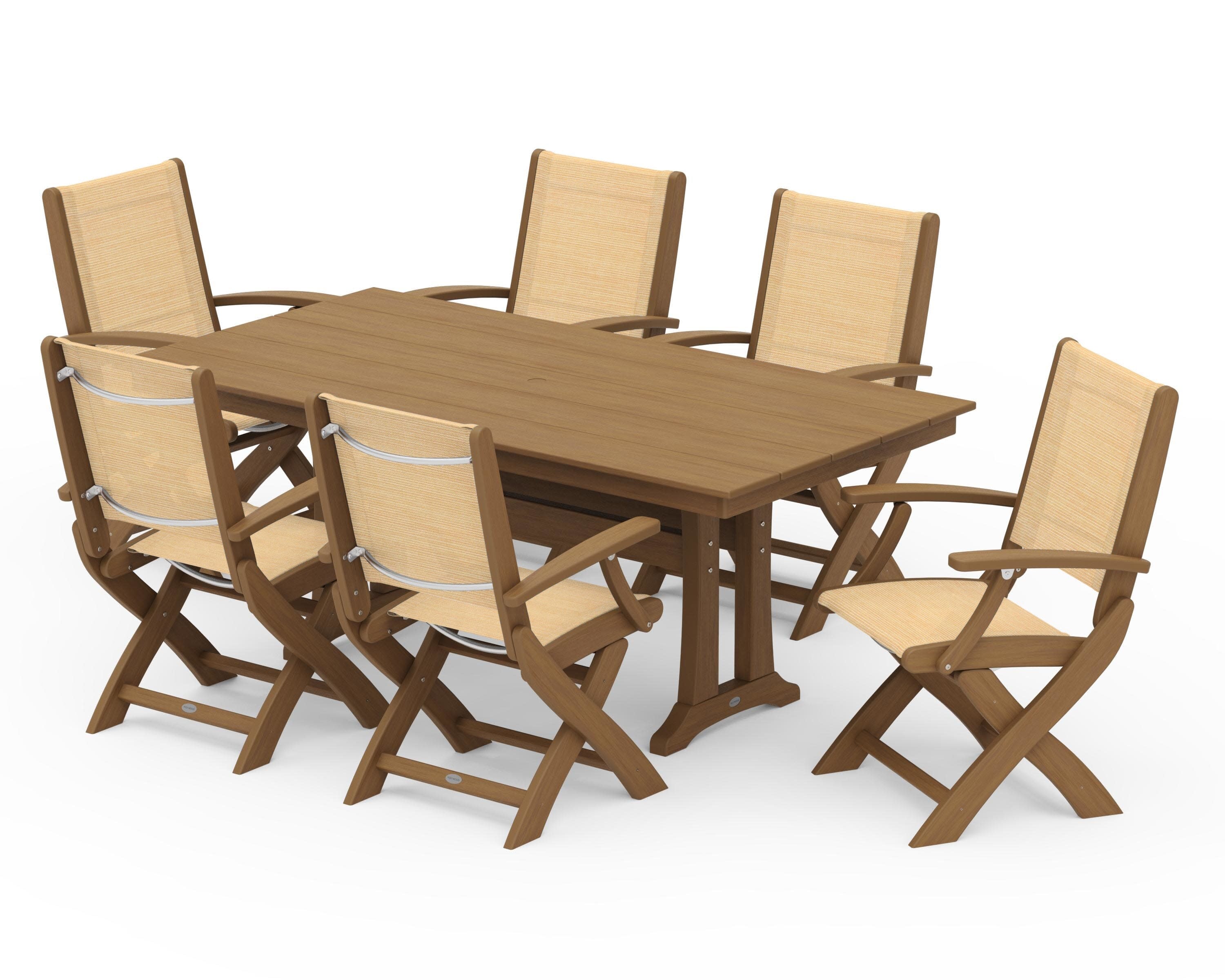 Coastal Folding Arm Chair 7-Piece Farmhouse Dining Set with Trestle Legs in Natural / Dupioni Apricot Sling